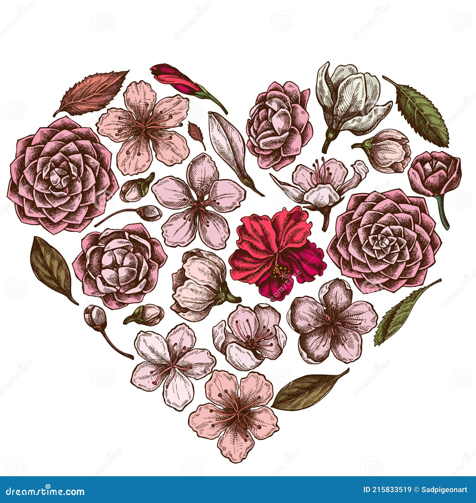 Herz Blumendesign Mit Farbigen Hibiskus Pflaume Blumen Pfirsich Blumen