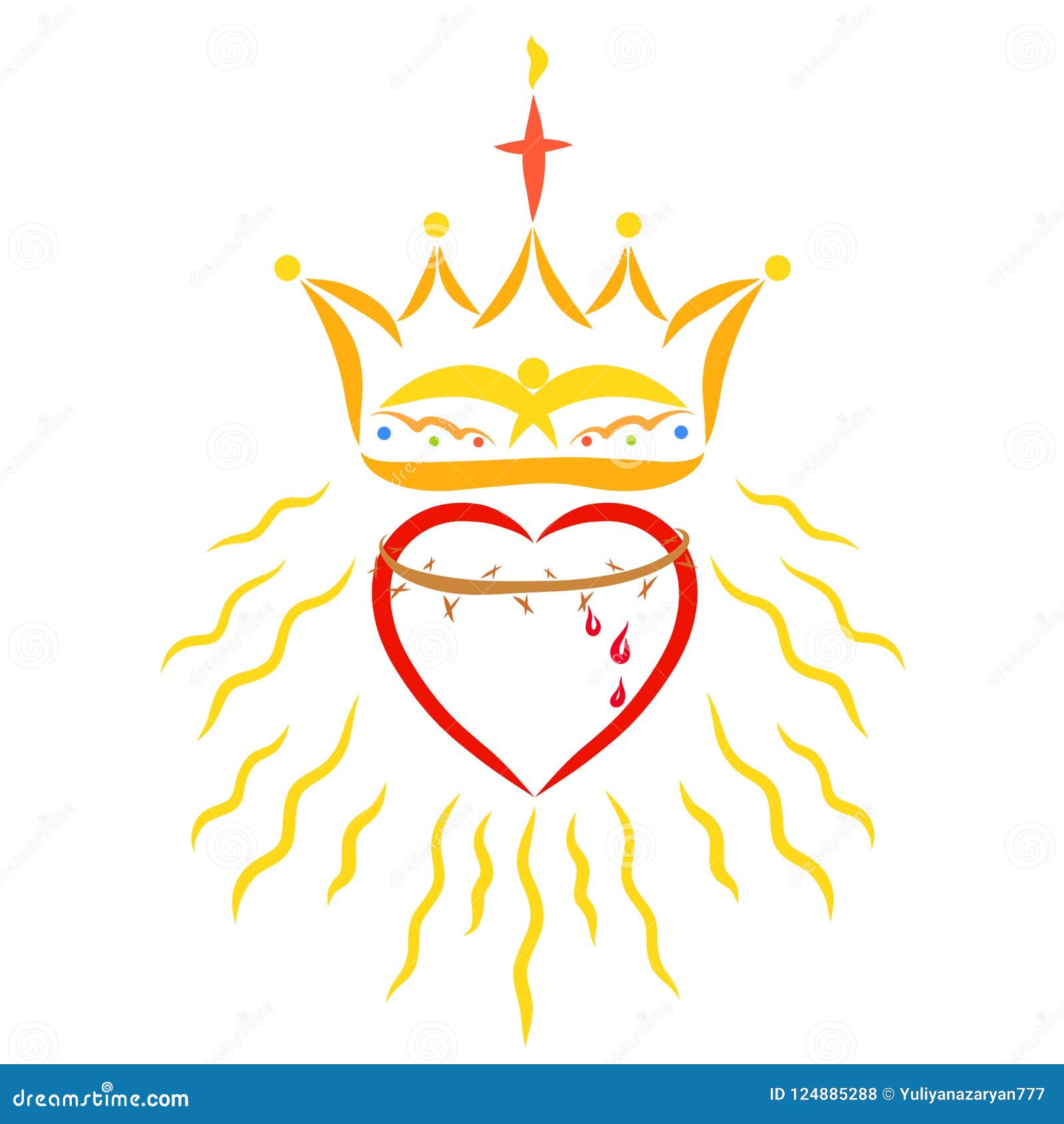 Herz Mit Dornenkrone, Krone Und Strahlen Stock Abbildung