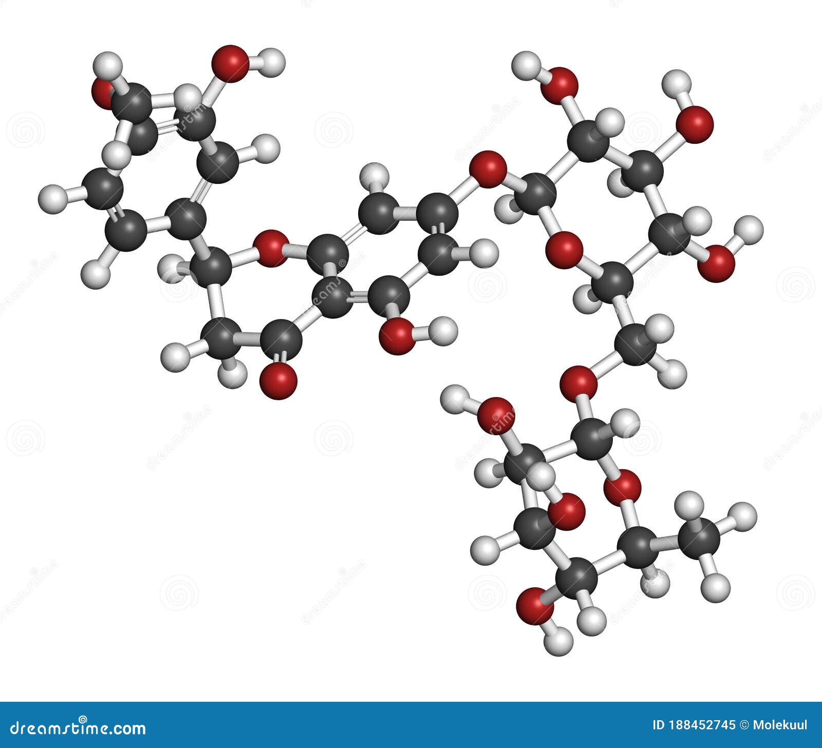 hesperidin citrus flavanone molecule. atoms are represented as spheres with conventional color coding: hydrogen (white), carbon (