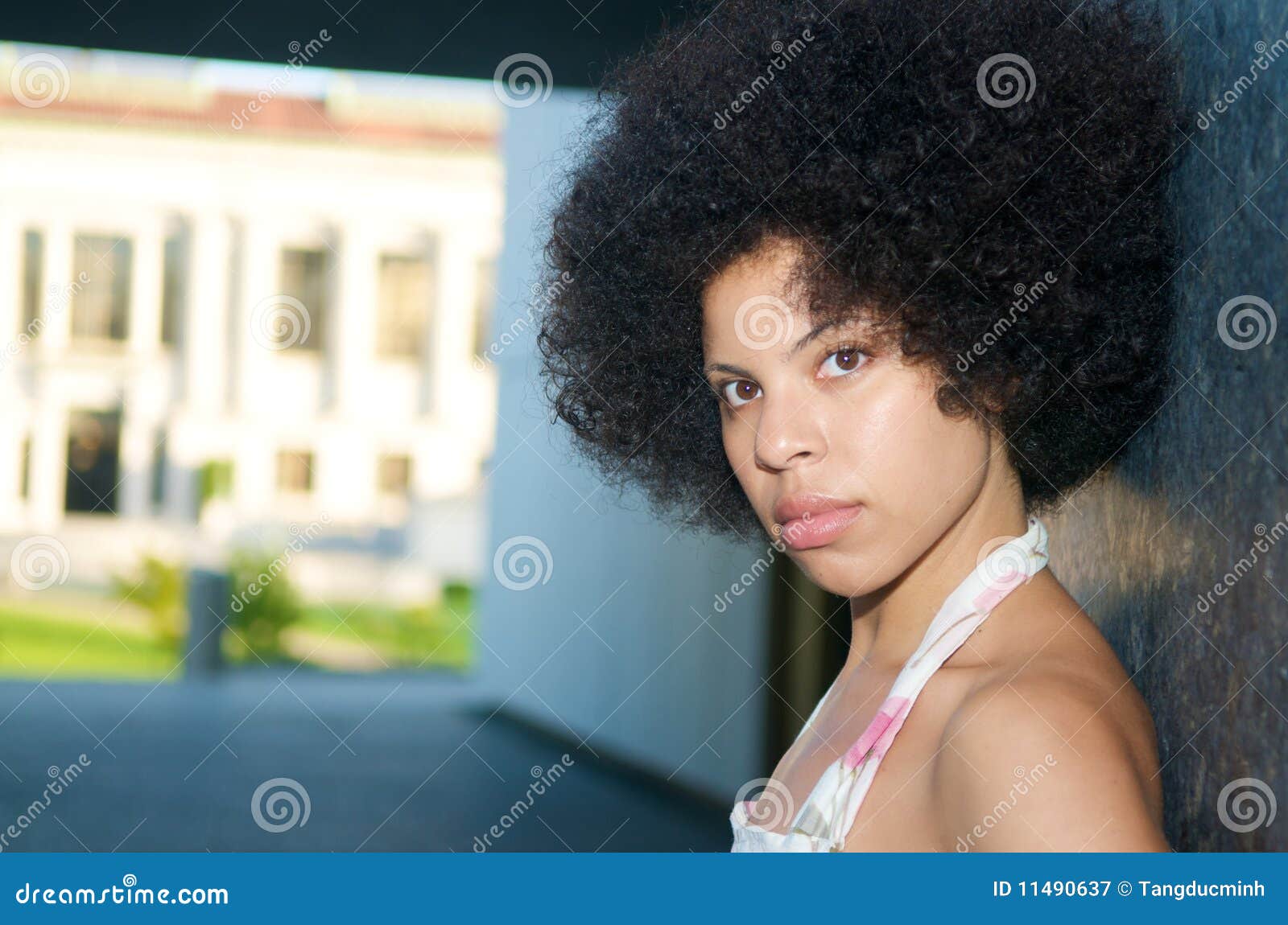 Het Afrikaanse Amerikaanse Model Met Afro Ziet Eruit Stock Afbeelding Image Of Stellen Stijl