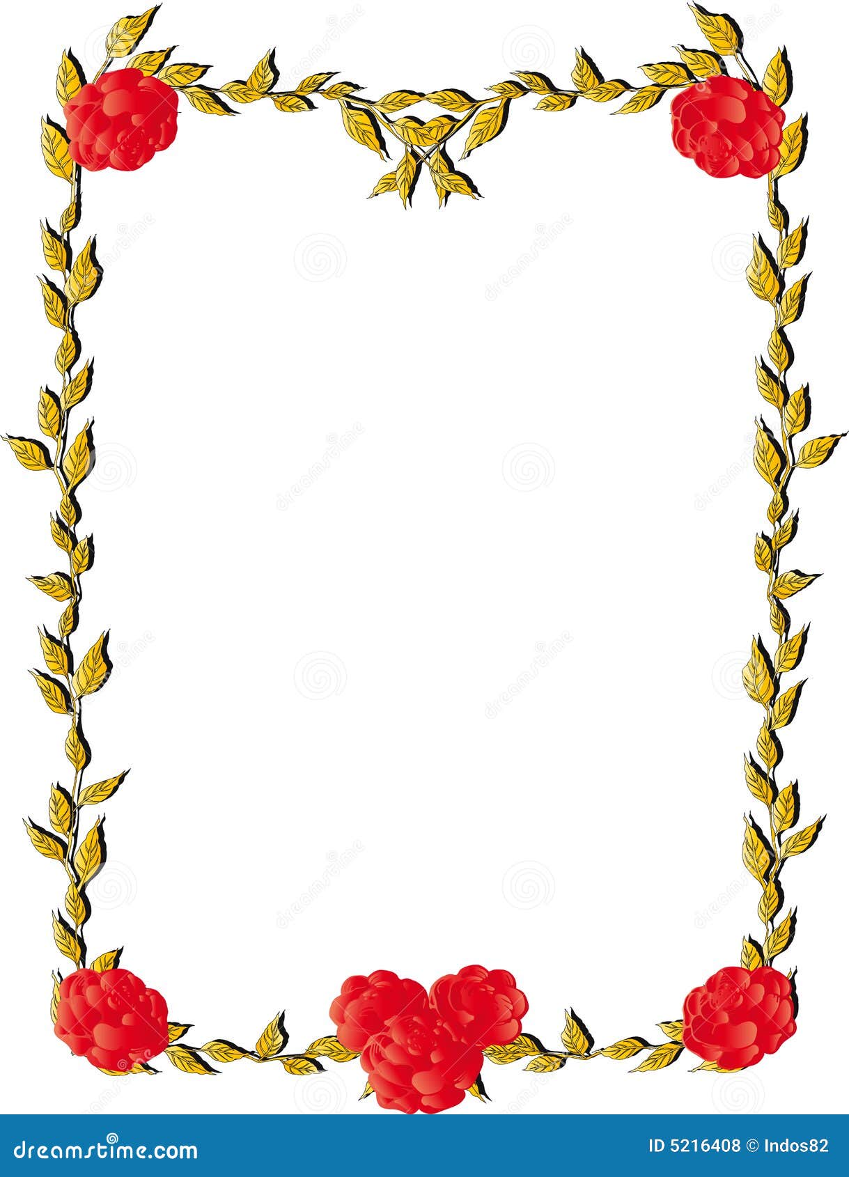 Het frame van bladeren. Frame van gele rozenbladeren met rode rozen op witte achtergrond. Vector illustratie