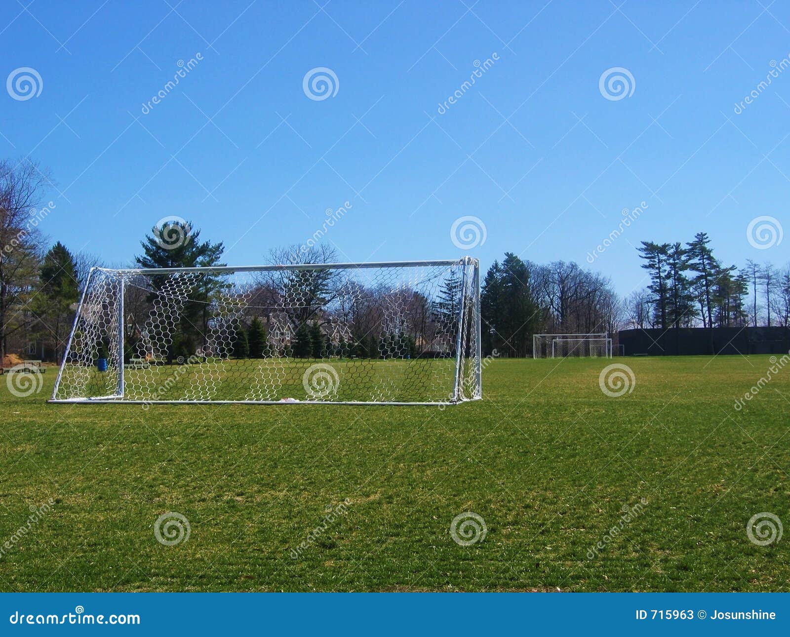 Het Gebied van het voetbal. Heldergroen voetbalgebied met netto en blauwe hemelachtergrond