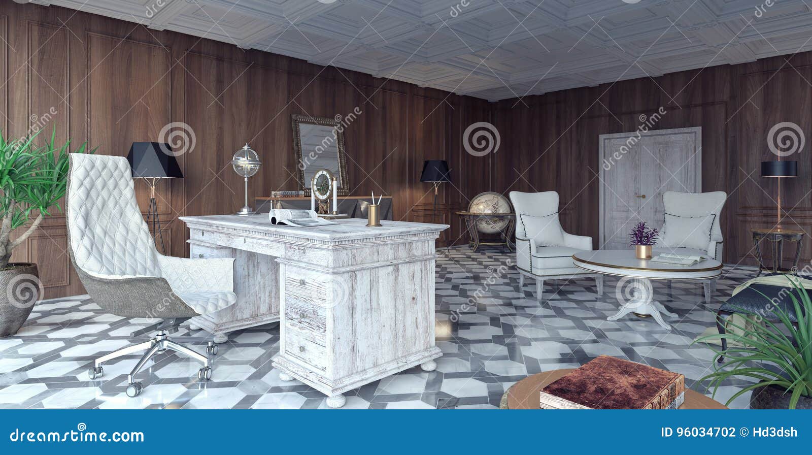 Het klassieke en moderne ontwerp van het huisbureau. Het klassieke en moderne het ontwerp van het huisbureau 3D Teruggeven