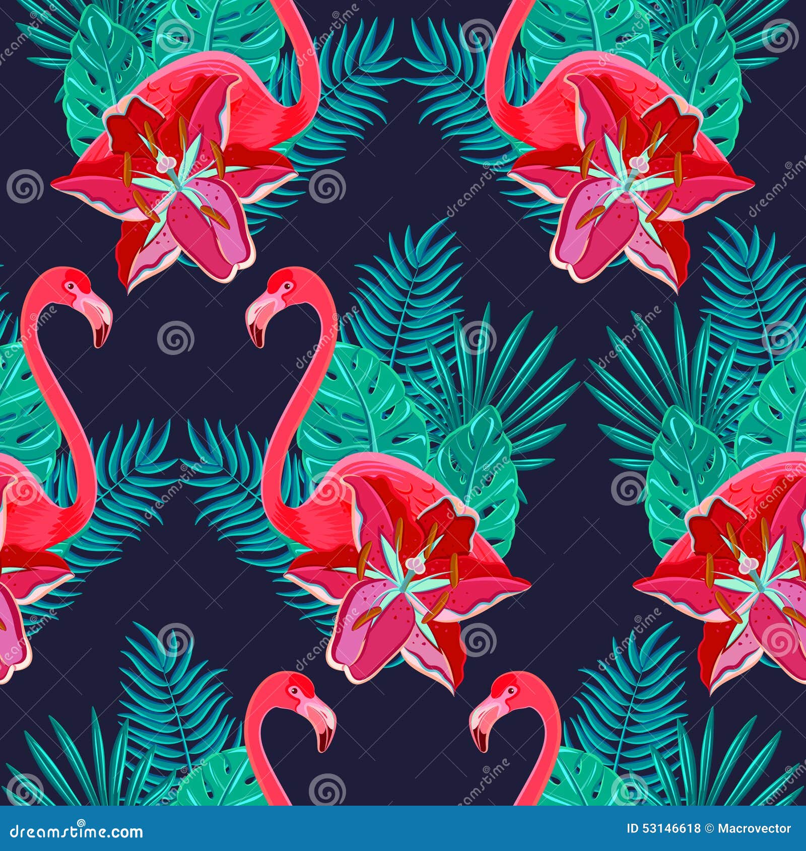 Het kleurrijke naadloze patroon van flamingolelies. Flamingovogels en tropische van de het gebladerte kleurrijke samenstelling van hibiscus heldere bloemen tropische Hawaiiaanse naadloze het patroon abstracte vectorillustratie