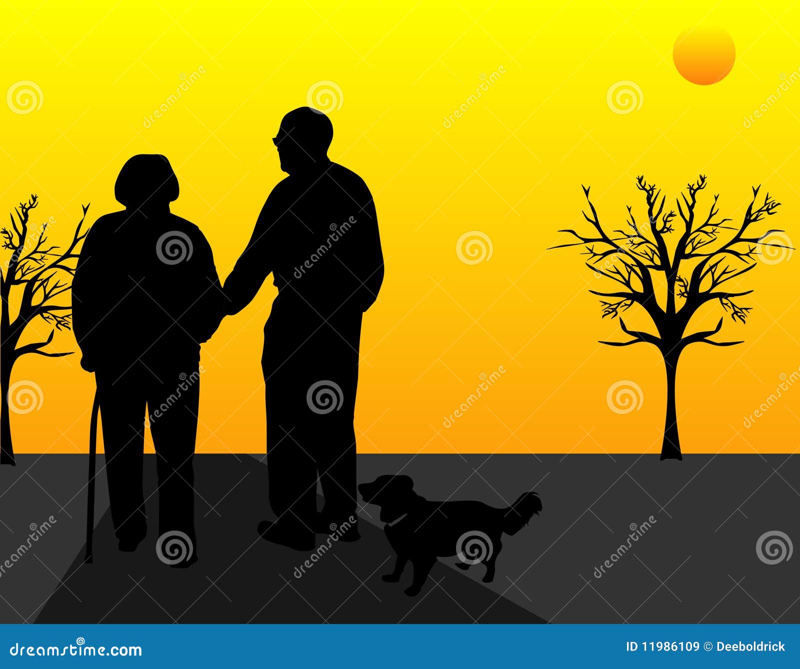 Het lopen in de zonsondergang?. Koppelen de bejaarden het opstappen van hun hond, en het helpen van elkaar, als zonreeksen op een andere mooie dag, samen.