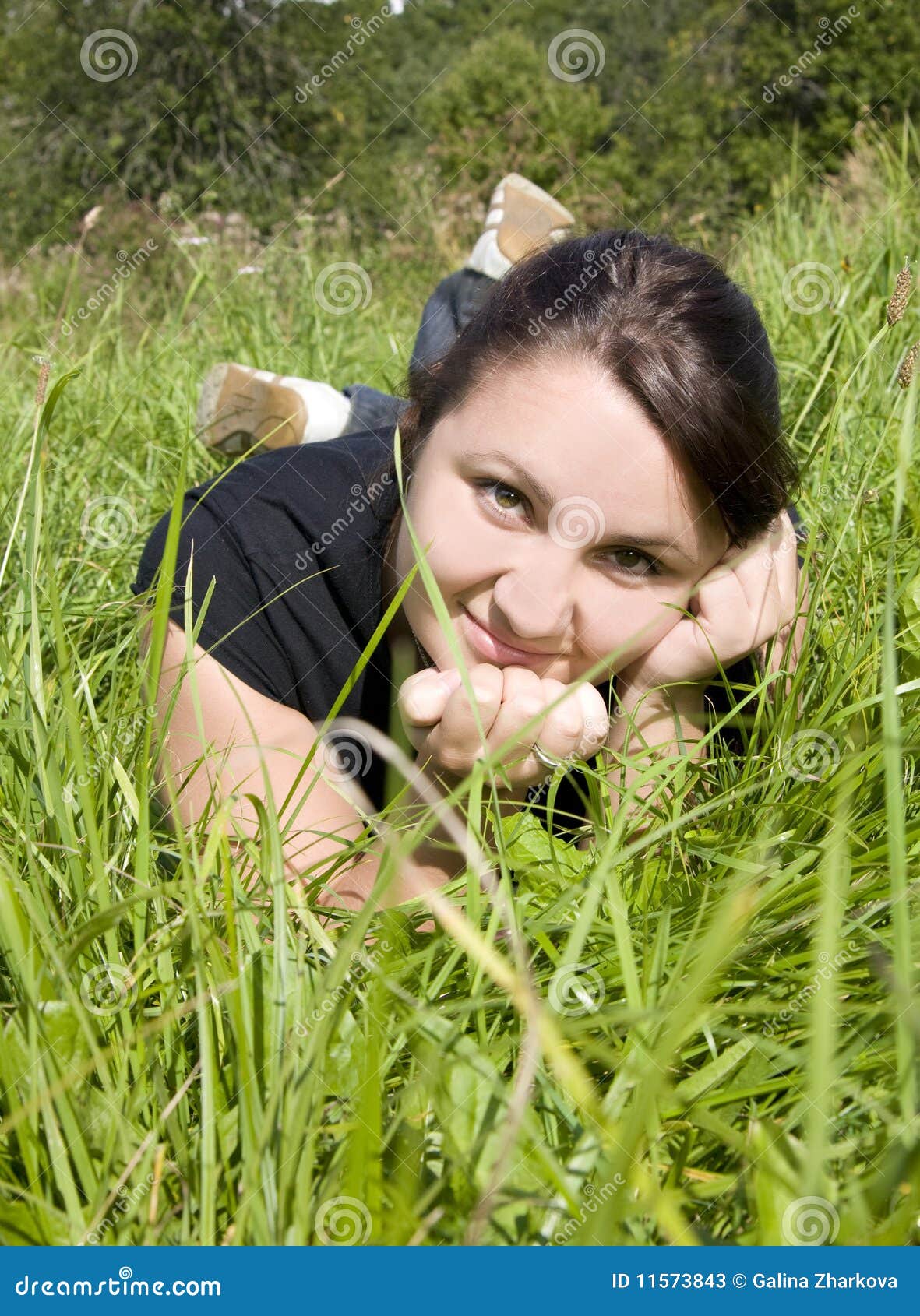 Het meisje ligt op een gras. De mooie brunette ligt op een groen gras