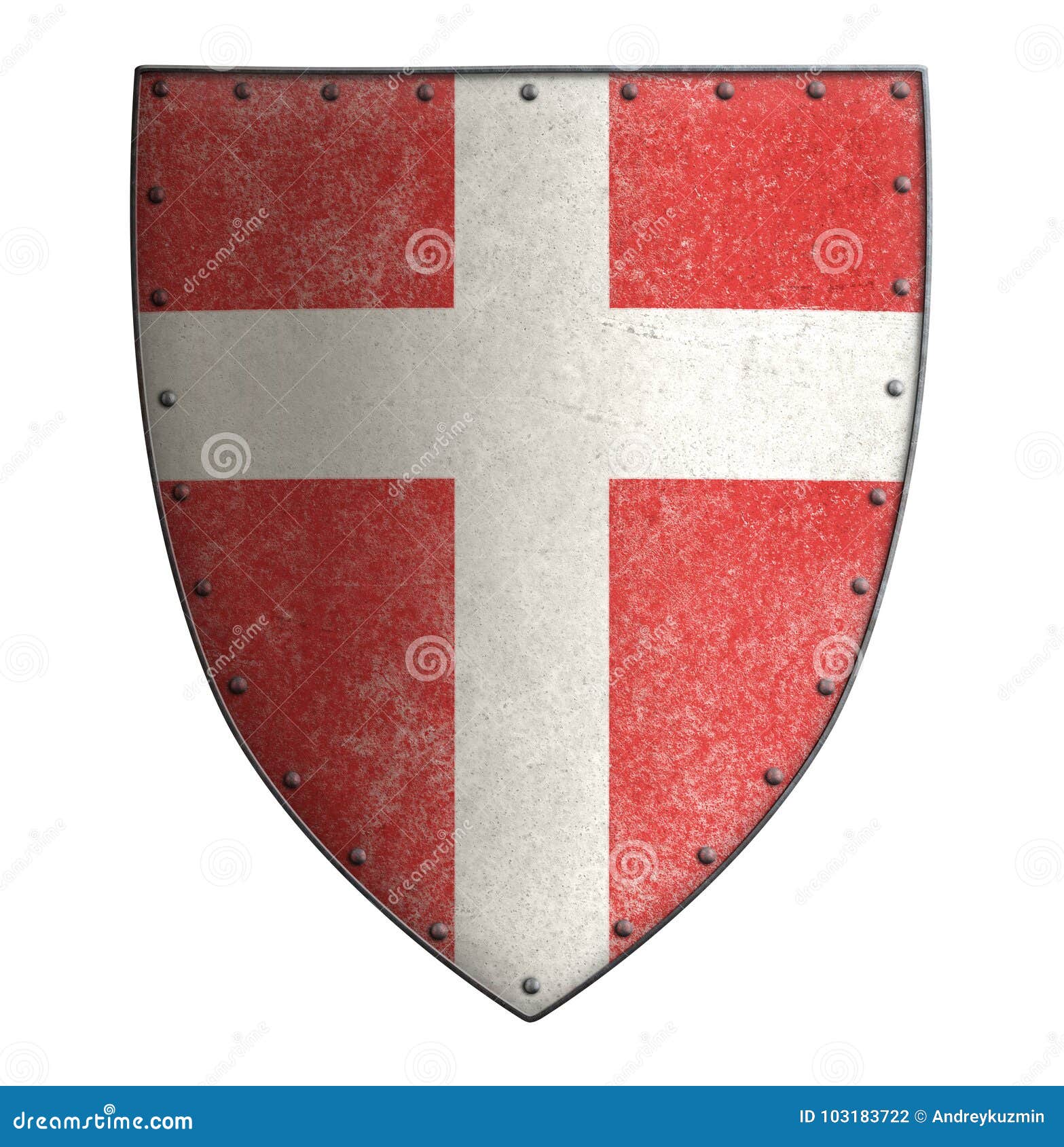 Het middeleeuwse schild van het kruisvaarder` s rode metaal met kruis isoleerde 3d illustratie. Kruisvaarder` s schild met kruis dat op wit wordt geïsoleerd
