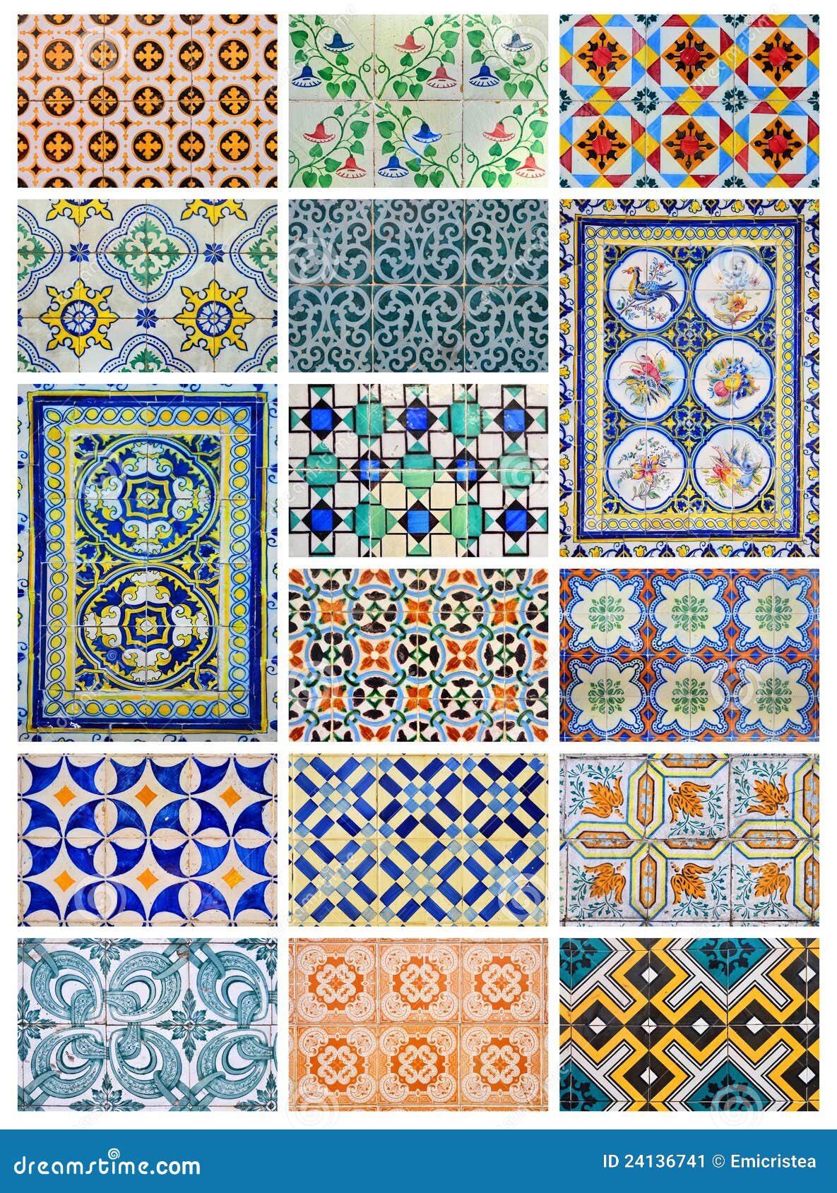 Het ontwerpcollage van Azulejo van Lissabon, Portugal. Azulejo, (van het Arabische woord Zellige) is een geschilderd, tin-verglaasde, ceramische vorm van het Portugees tilework. Het is een typisch aspect van Portugese cultuur geworden