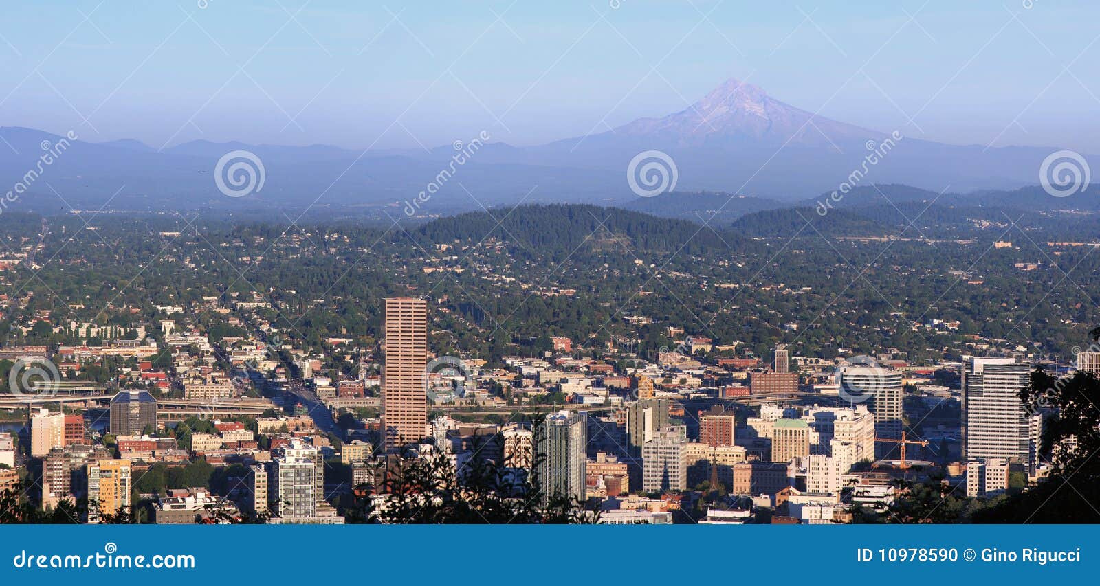 Het Panorama van Portland Oregon. Het panorama dat van Portland Oregon de kant van het Oosten van de stad met onderstelKap op de achtergrond kijkt.