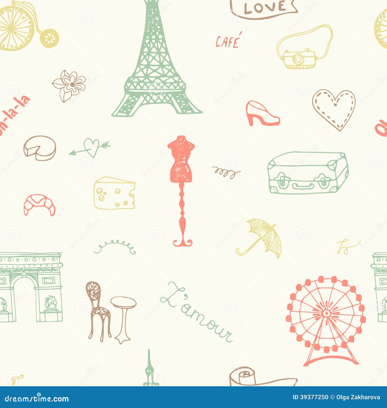 Het perfecte naadloze patroon van Parijs met alle symbolen van een hoofdstad van Frankrijk. Franse stijltextuur.