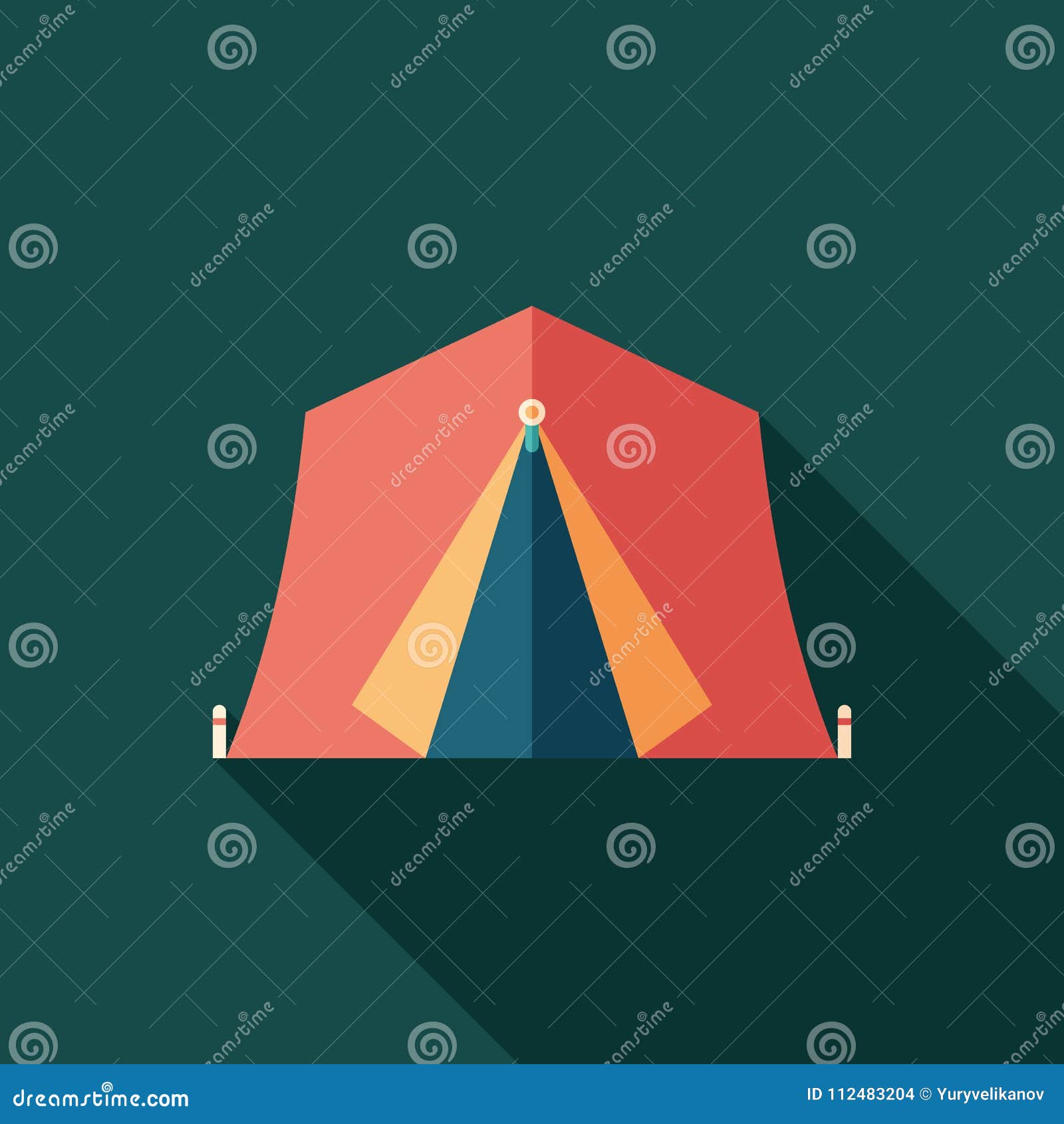 Het rode vlakke vierkante pictogram van de toeristentent met lange schaduwen. Kleurrijk gedetailleerd en realistisch vlak vierkant pictogram met lange schaduwen