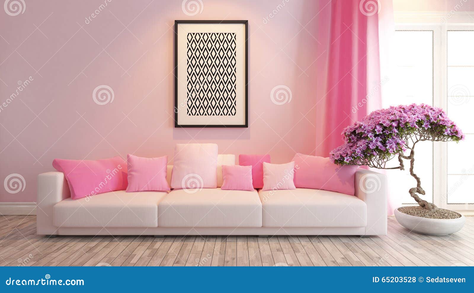 Het roze woonkamer of zaal binnenlandse ontwerp teruggeven stock ...