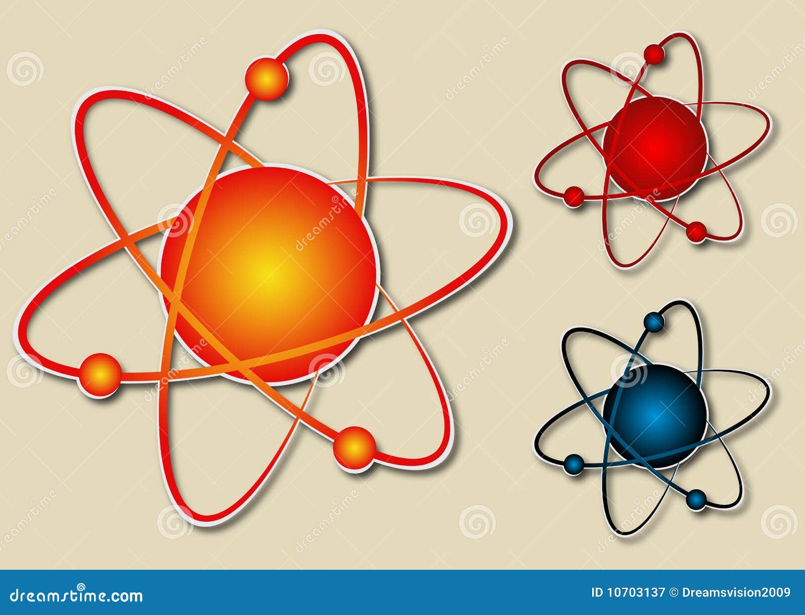 Het symbool van het atoom. Drie kleuren van atoomsymbool in eps