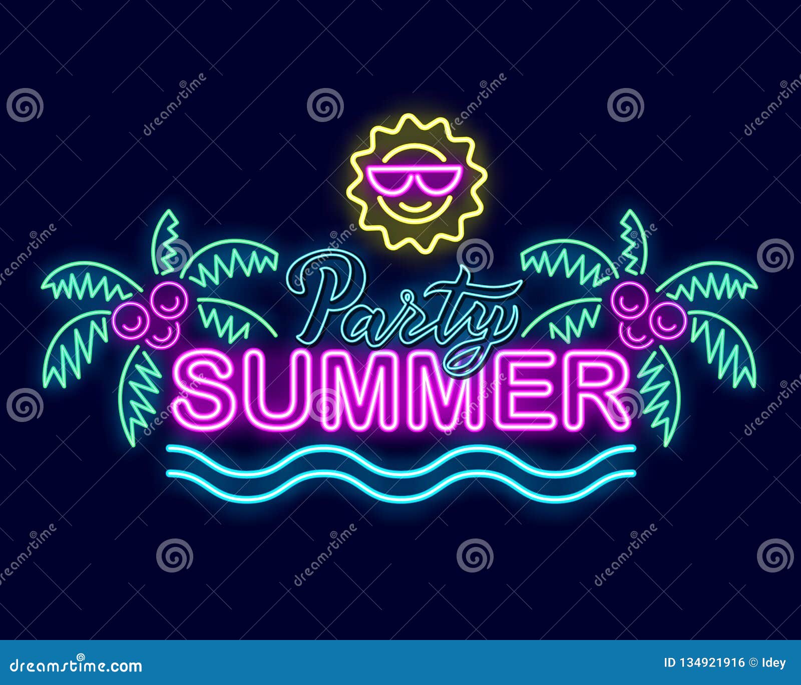 Het teken van het de zomerneon met verlichting De zomeraffiche, palmen, zon. Het teken van het de zomerneon met heldere verlichting Het uithangbord van de de zomervakantie, helder neonembleem, embleem, lichte banner De affiche van de partijzomer met decoratieelementen, palmen Vector Geïsoleerdel illustratie