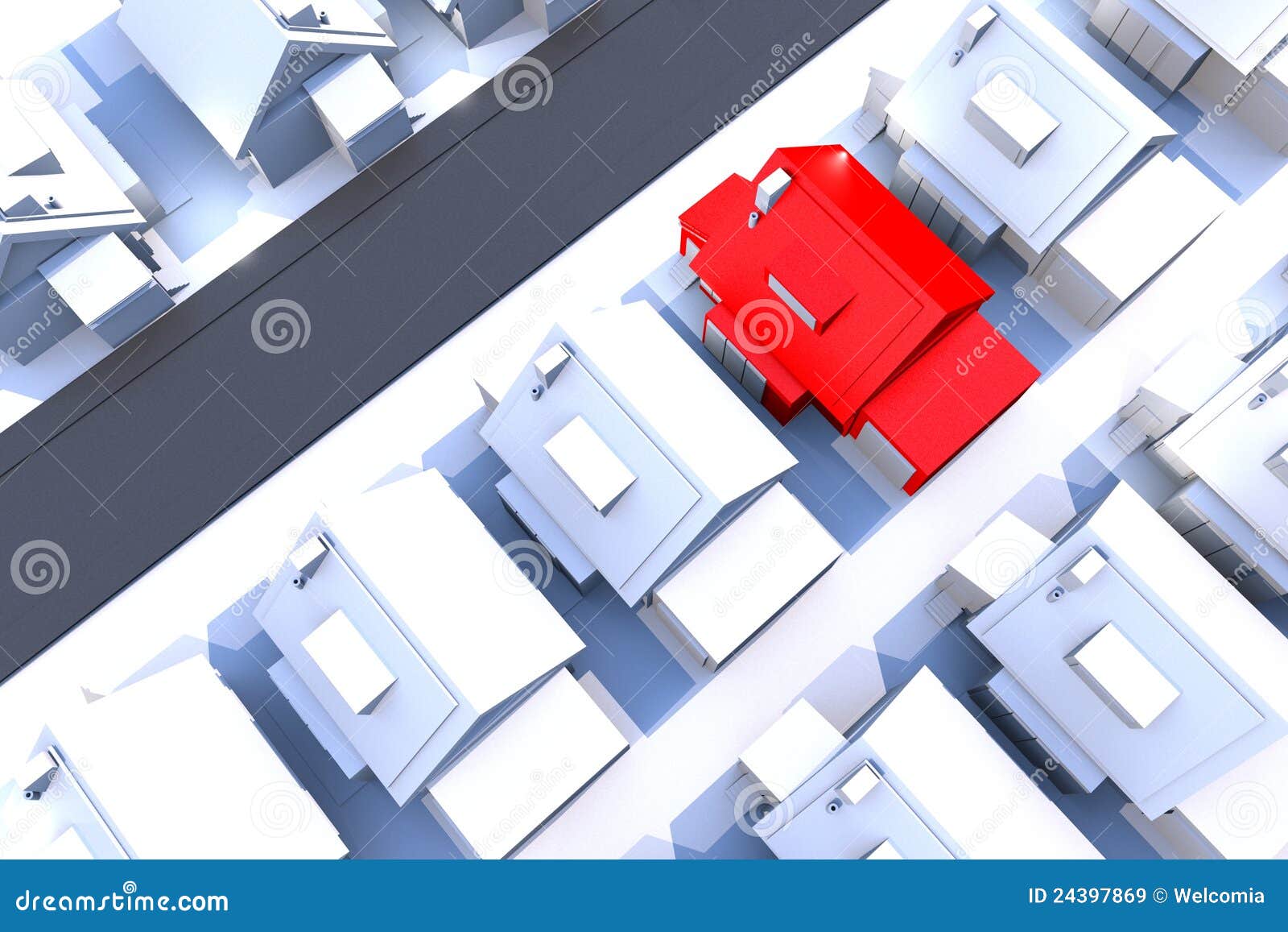 Het Thema van de huisvesting. Woonwijk met slechts Één Rood Huis. Groot Idee voor Onroerende goederen Hypotheek, Of Verhindering Verwant Kunstwerk. 3D geef Illustratie terug. Hoogste Mening.