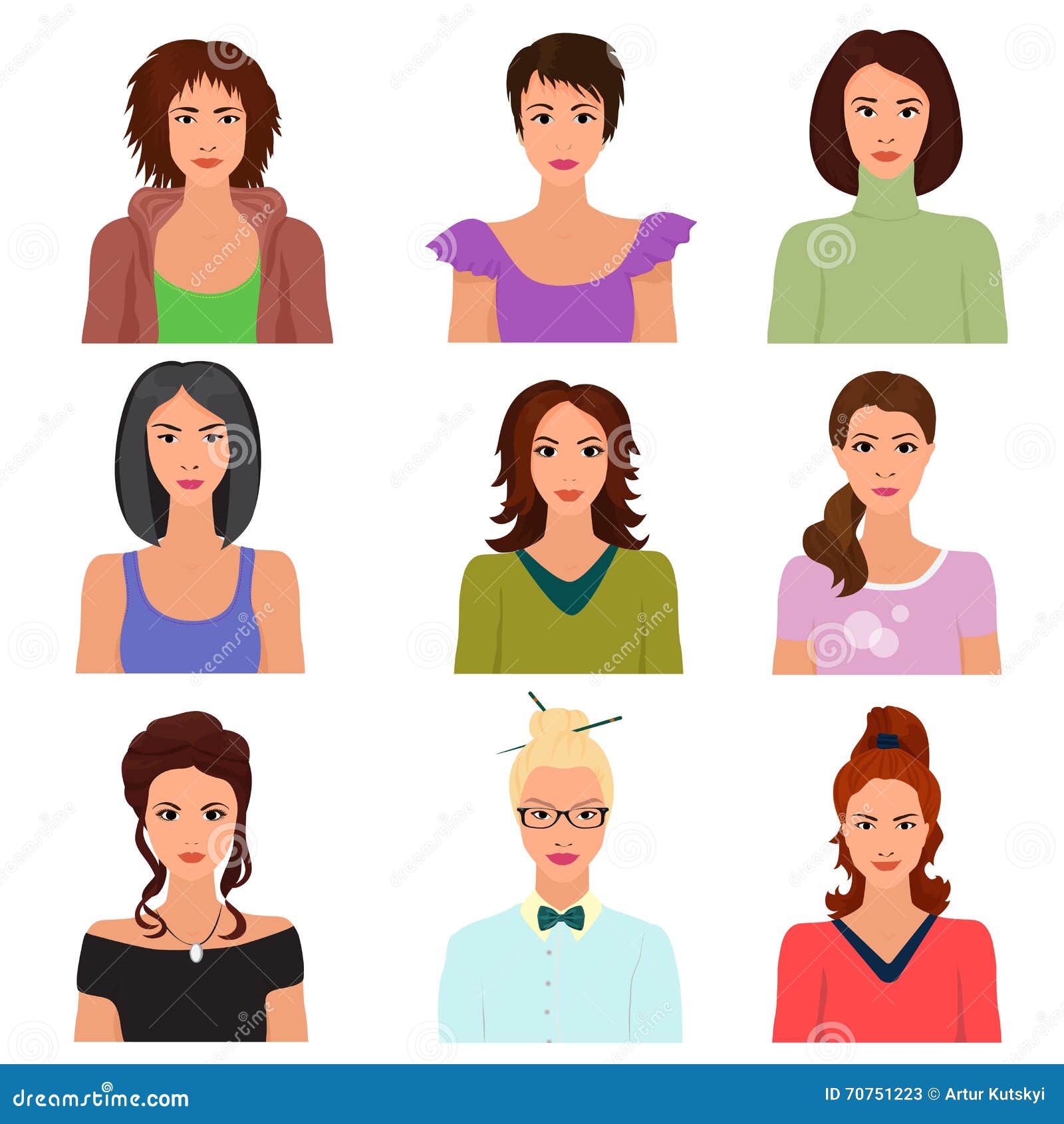 Het Vector Vrouwelijke Vrouwenkarakter Ziet Avatars In Verschillende Kleren En Haarstijlen Onder Ogen Vector Illustratie Illustratie Bestaande Uit Schoonheid Meisje