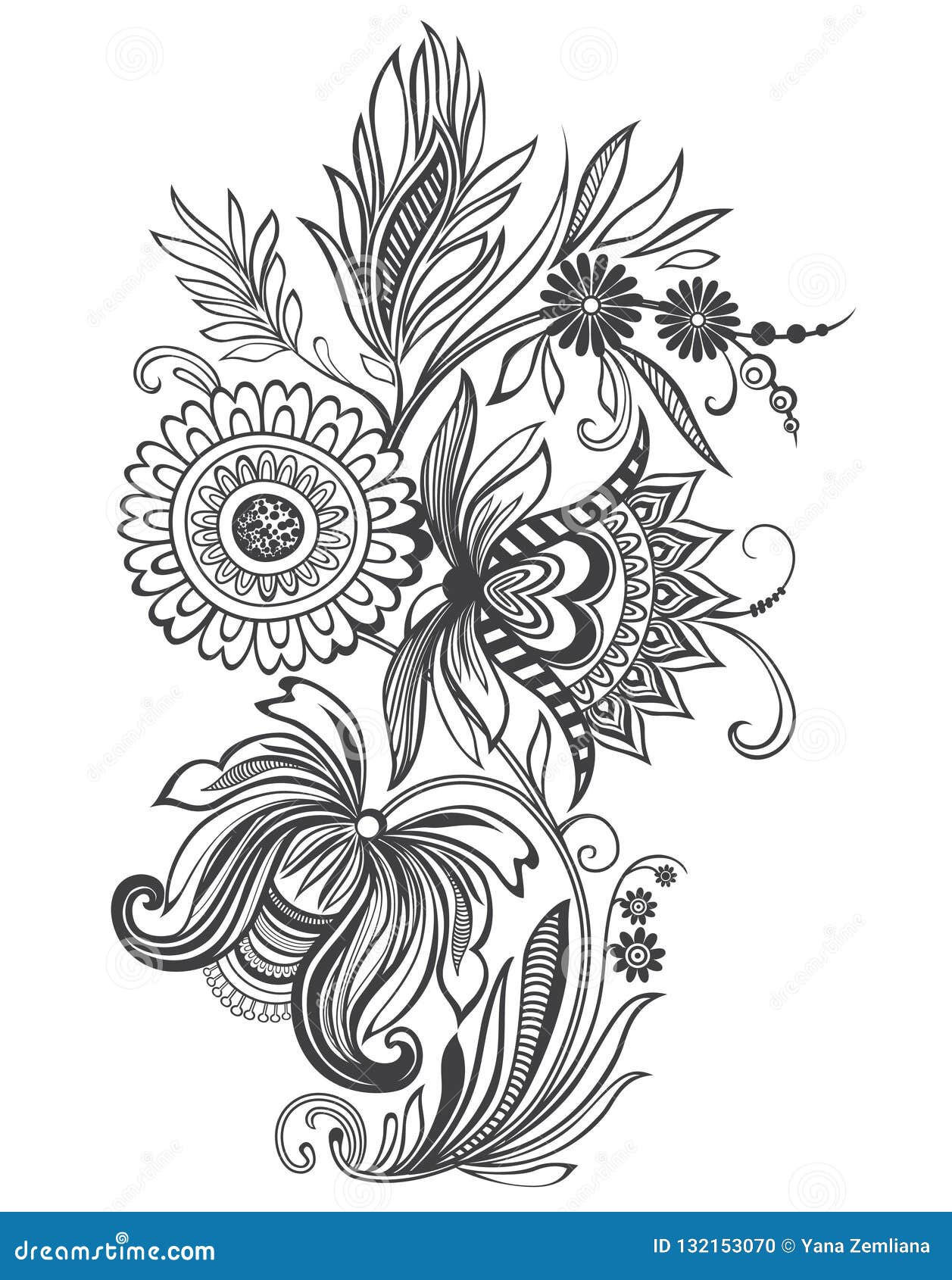 Het vectorornament van de illustratie zwart-witte bloem. Zwart-wit bloemornament