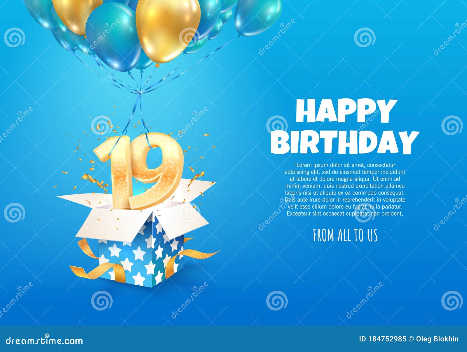 Het Vieren Van De 19E Verjaardag Vectorillustratie. 19-Jarig Feest. Tienergeboortedag. Open Cadeau Vector Illustratie - Illustration Of Gebeurtenis, Cadeau: 184752985