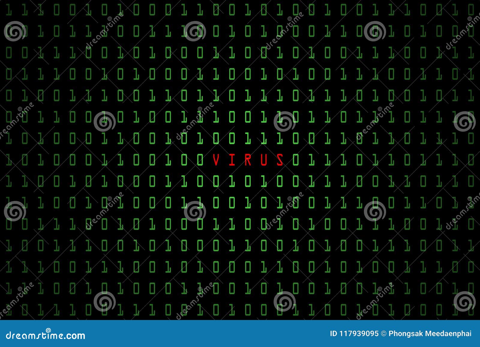 Het woord van de viruscomputer met technologie digitale donkere of zwarte achtergrond met binaire code in lichtgroene kleur 1001 voor achtergrondgebruik