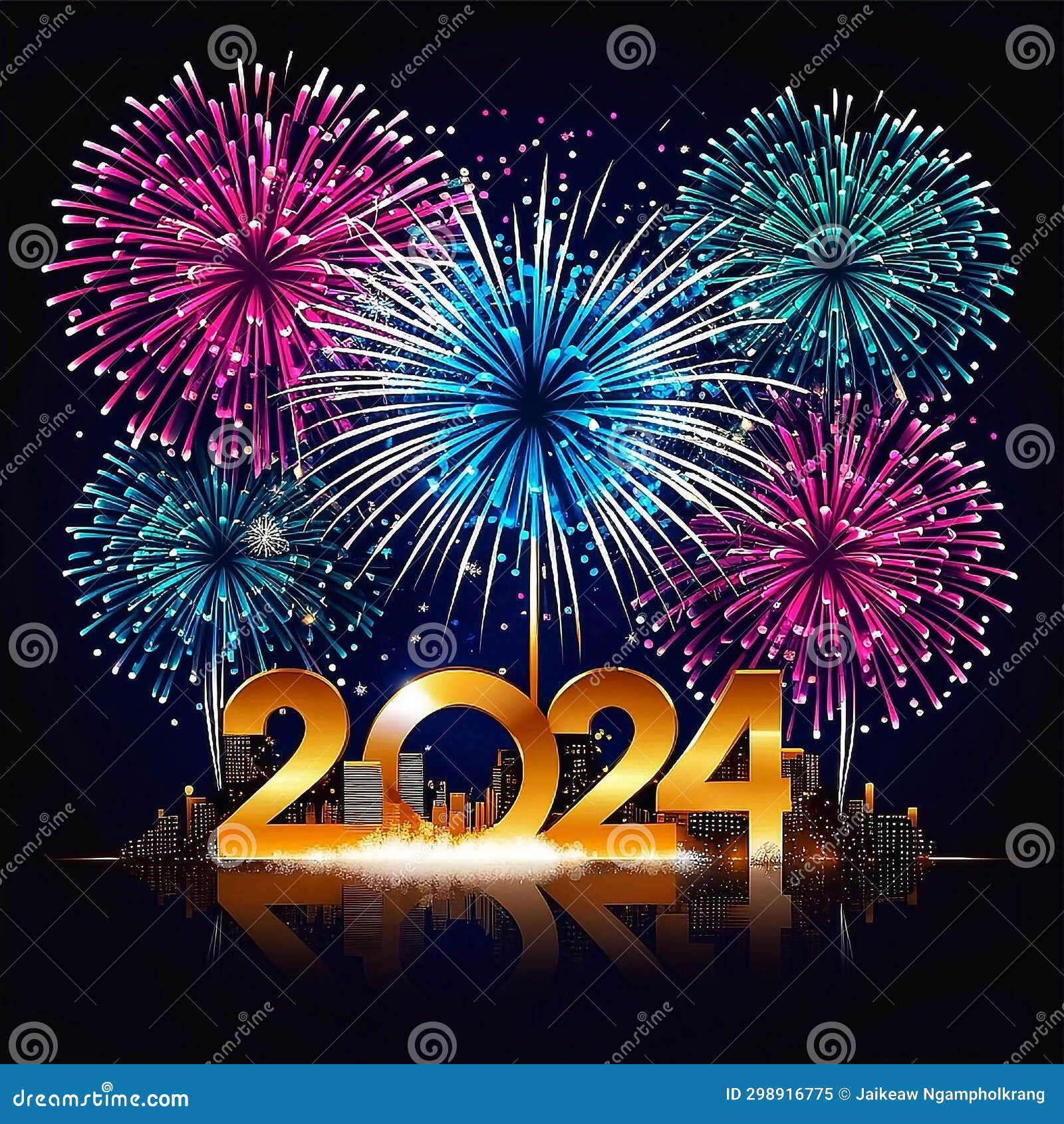 Heureux Nouvel an 2024. Numéros Brûlants Pétillants Année 2024 Avec De  Beaux Feux D'artifice Bleu Et Rose. Modèle Pour L'accueil D Image stock -  Image du noël, fireworks: 270765057