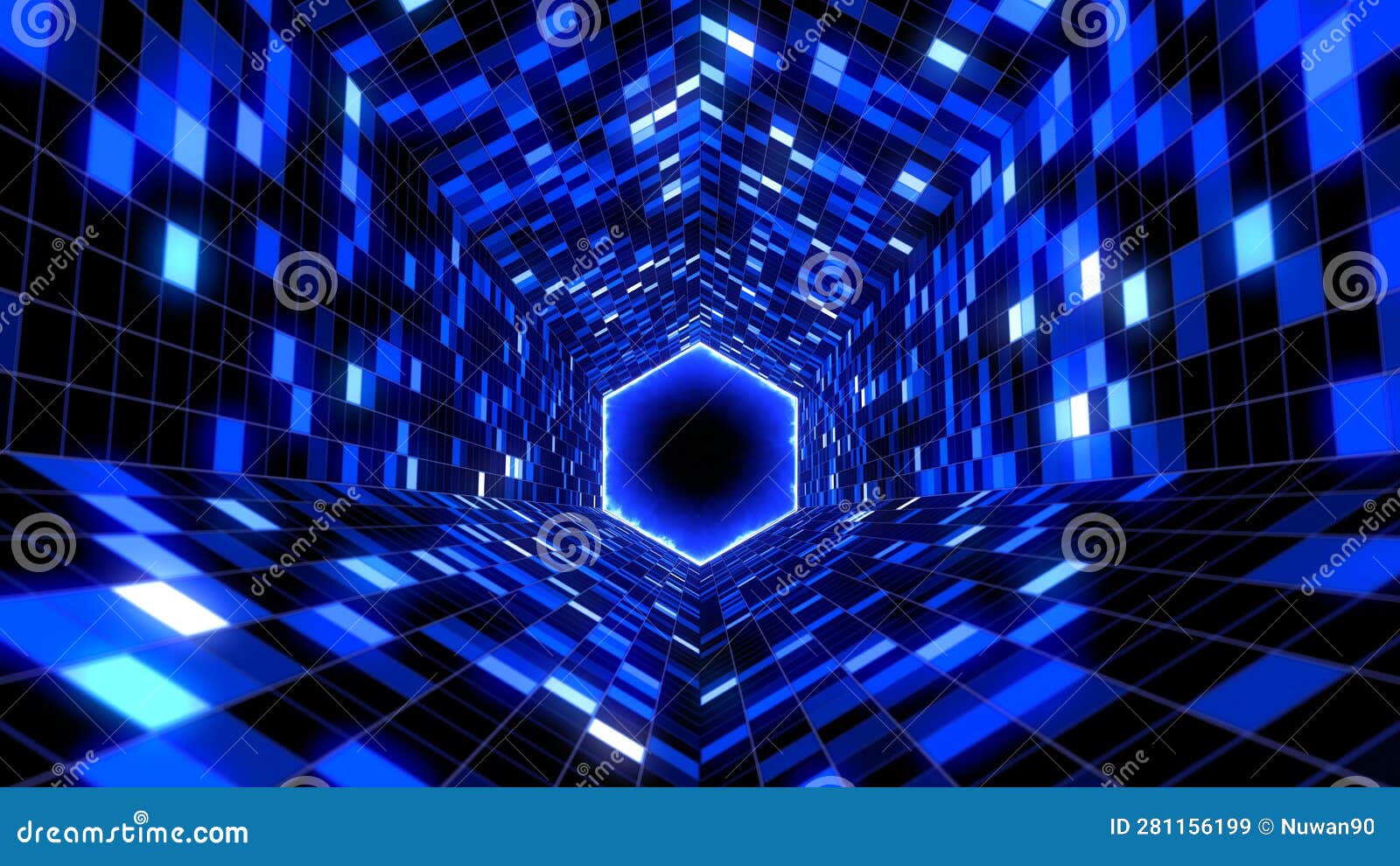 hexagon flashing tunnel blue lights abstract background