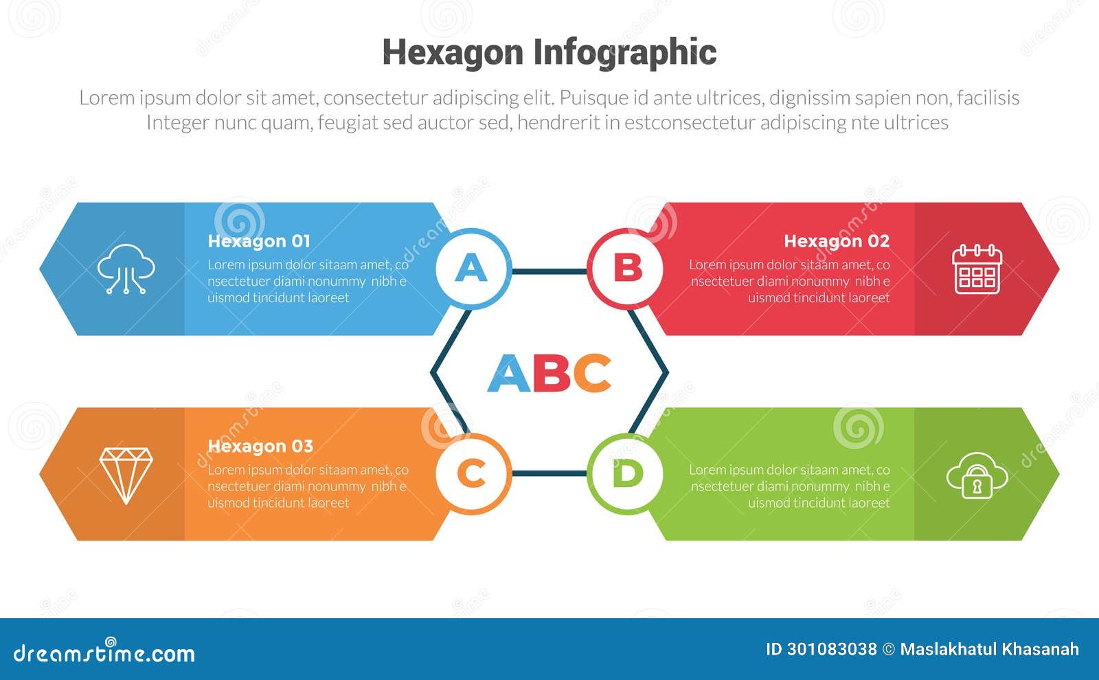 hexagon or hexagonal honeycombs  infographics template diagram with long hexagon box on center with 4 point step creative