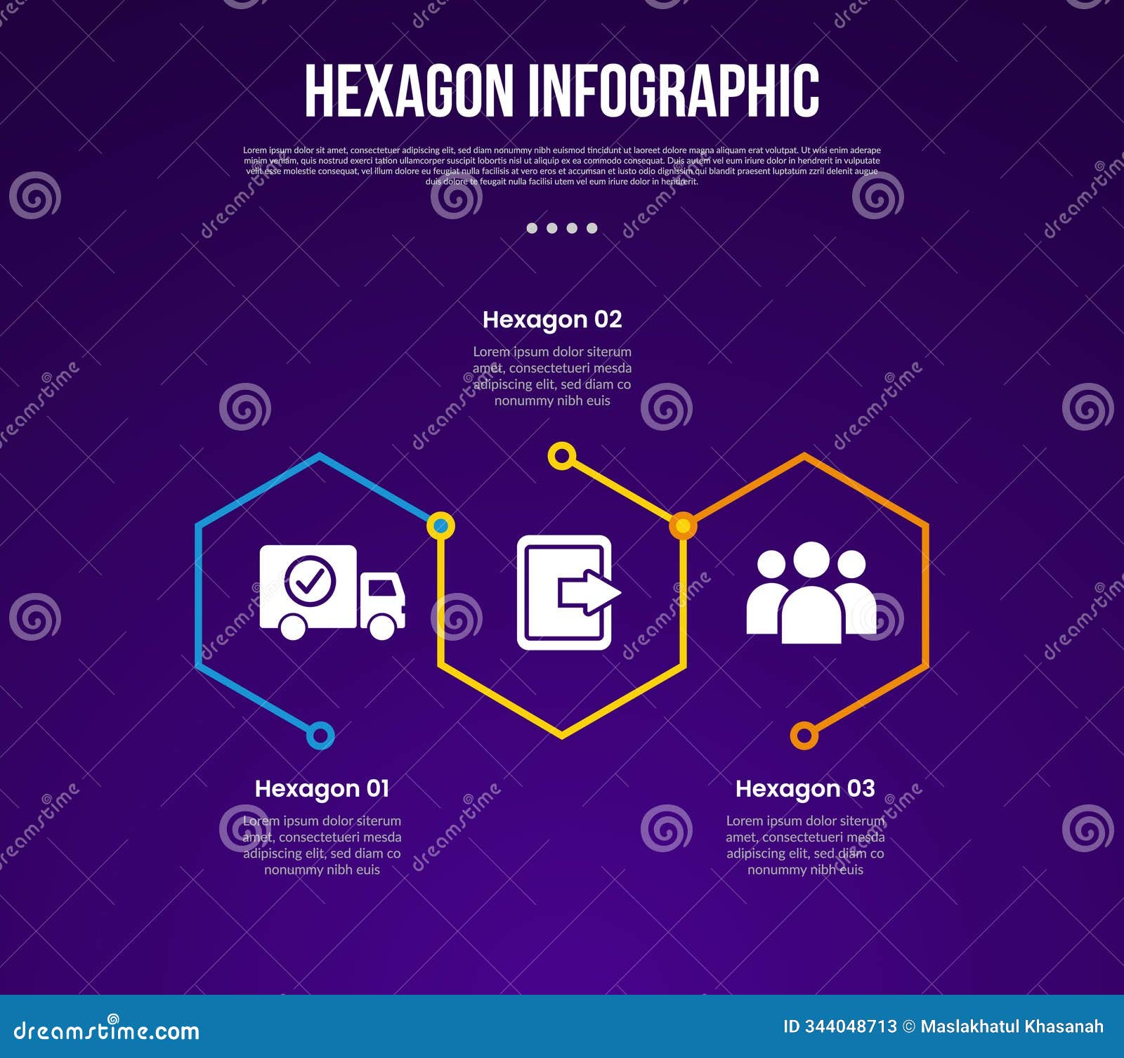 hexagon or hexagonal six sided polygon template infographic with creative outline  connection on horizontal direction with 3