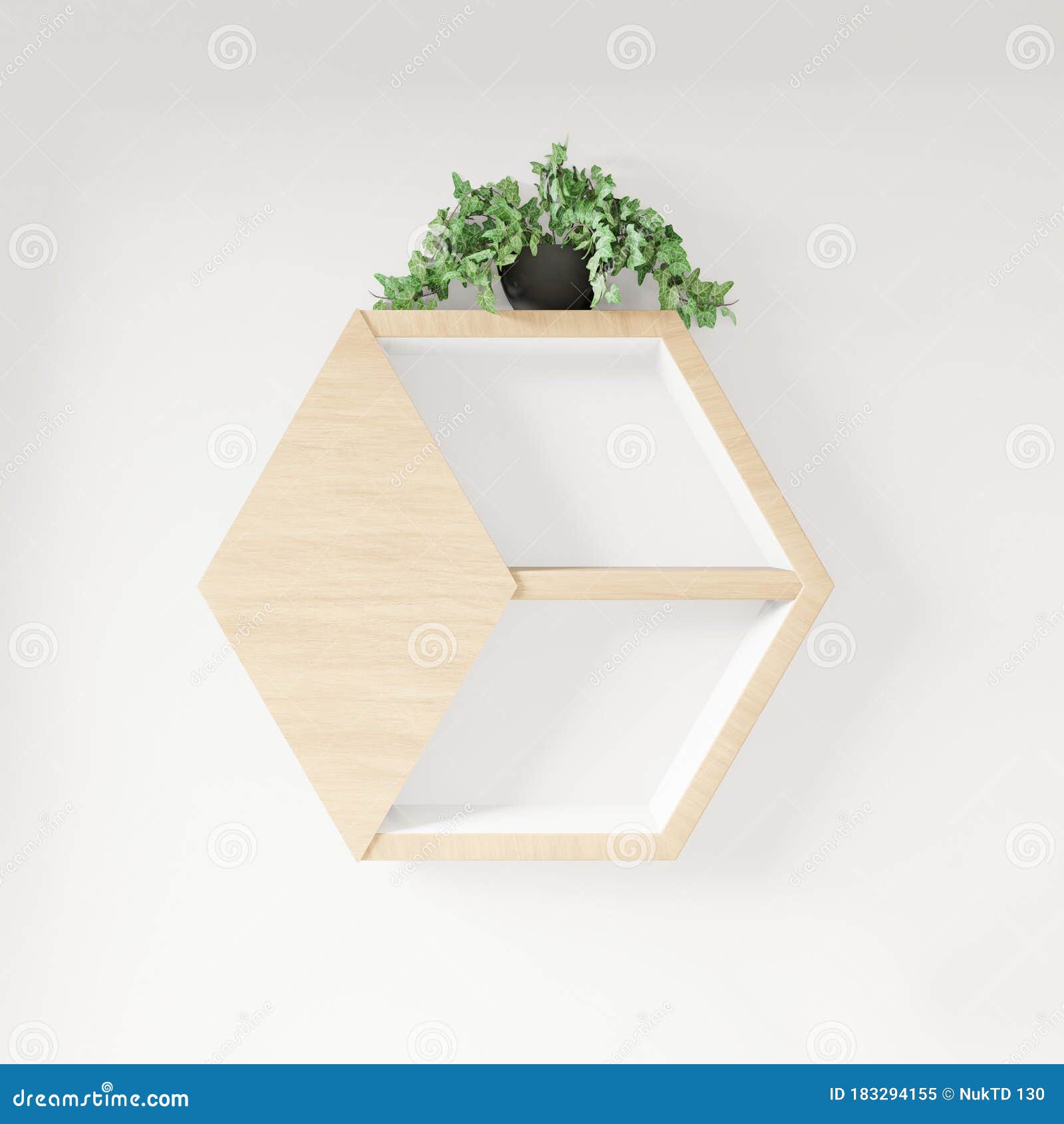 Hexagon Shelf Books and Plant Decoration Interior Design Stock