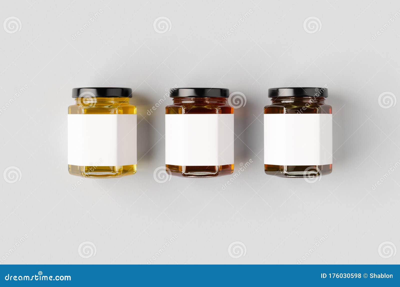 Download Hexagonal Honey Jars Mockup With Blank Label. Three Different Colors Stock Photo - Image of ...