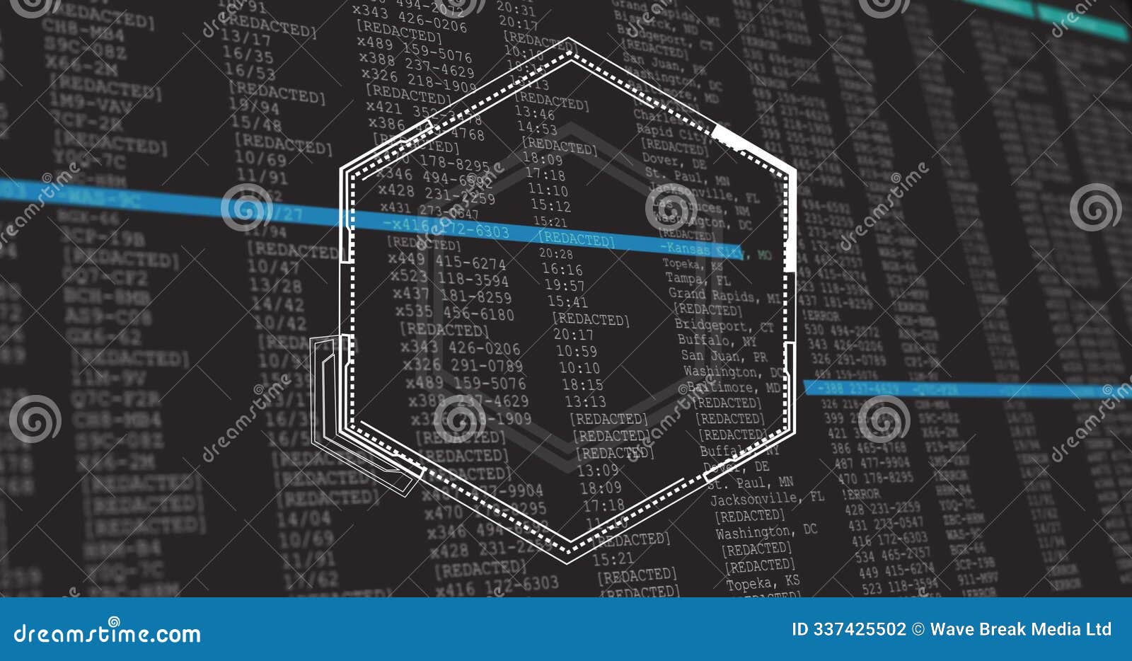hexagonal  over redacted data and coding image