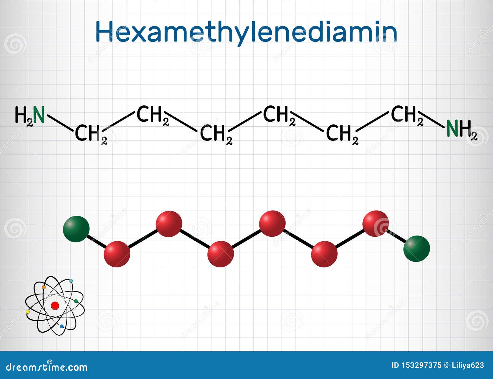 hexamethylenediamine diamine molecule. it is monomer for nylon. structural chemical formula and molecule model. sheet of paper in