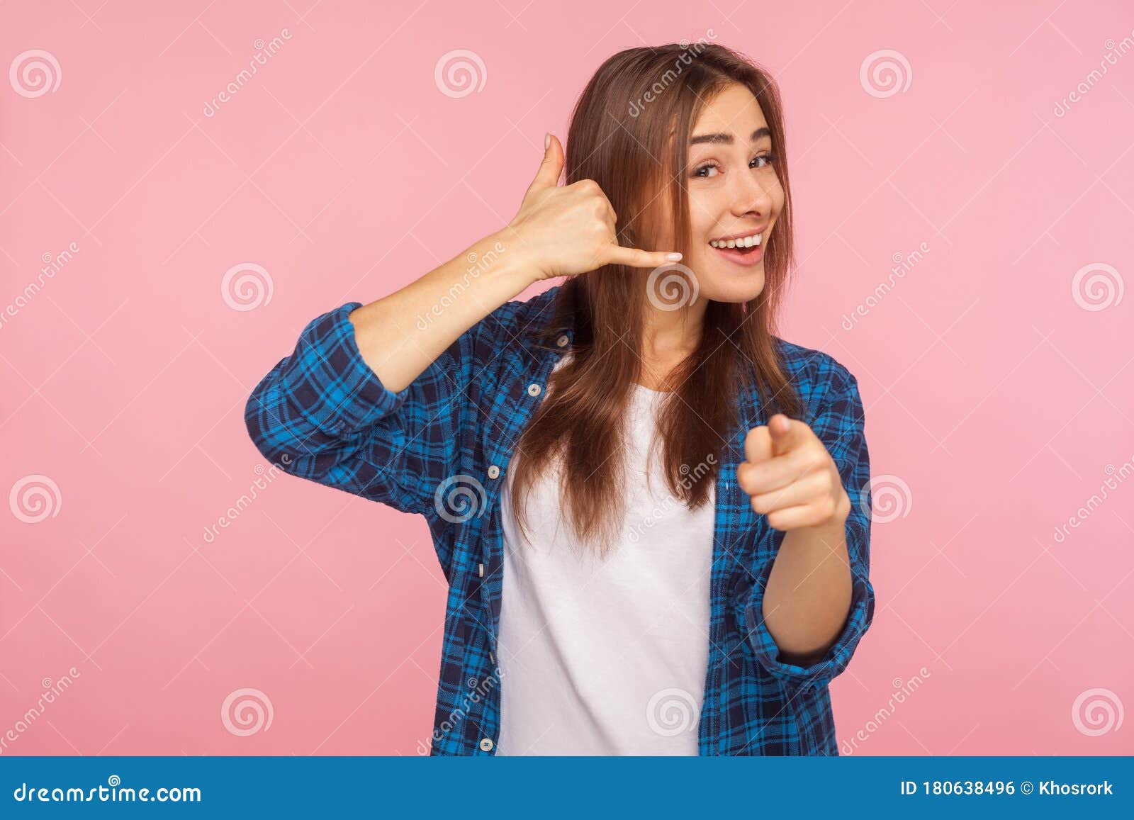 Hey You, Call Me! Portrait of Happy Flirtatious Beautiful Girl Smiling