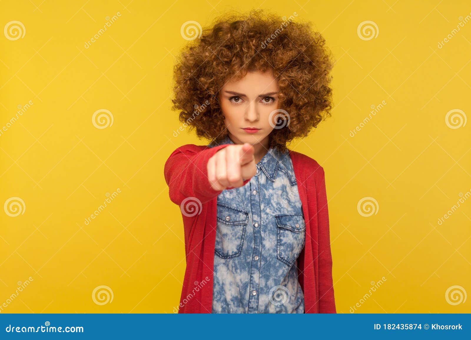 Hey You! Portrait of Serious Aggressive Woman with Curly Hair in Casual ...