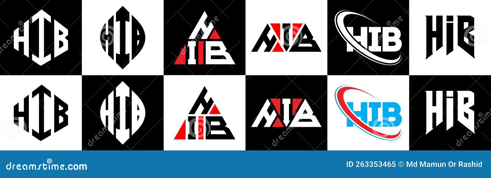 hib letter logo  in six style. hib polygon, circle, triangle, hexagon, flat and simple style with black and white color