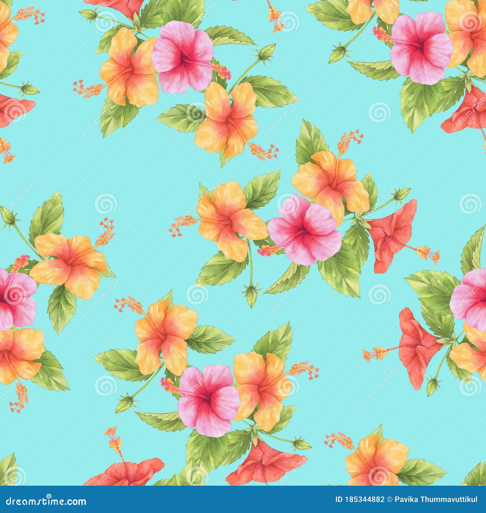 Hibiscus Flower Watercolor Pattern on Blue Wallpaper Stock Illustration -  Illustration of drawn, object: 185344882