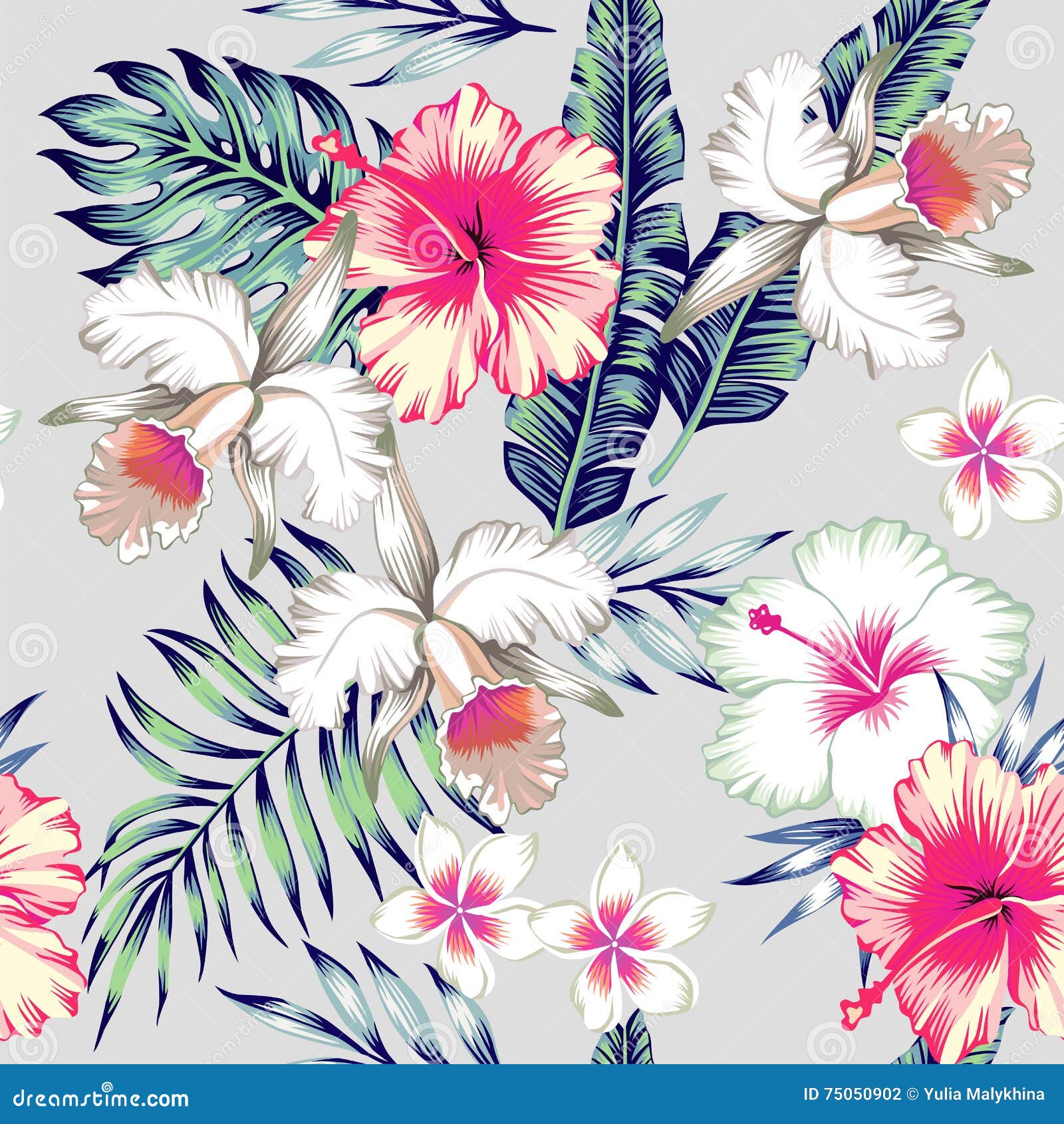 hibiscus and orchids tropical seamless background