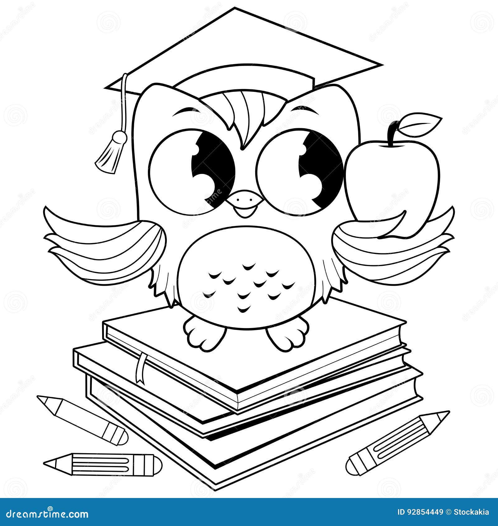 Hibou sur des livres avec la page de livre de coloriage de chapeau d obtention du dipl´me