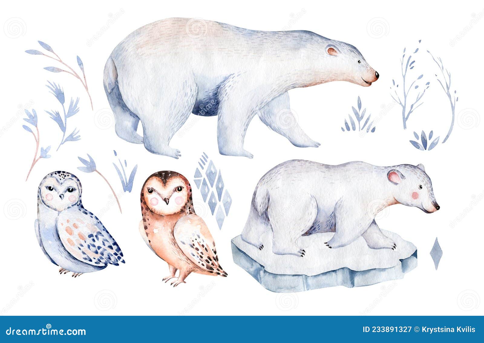 Collection D'aquarelles Des Animaux De L'arctique Polaire. Chouette  Enneigée. Renne. Ours Polaire. Renard. Morse De Pingouin. Phoq Illustration  Stock - Illustration du fond, sceau: 233891290