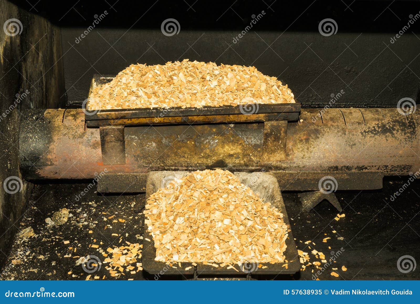 Hickory Wood Chips in Meat Processing Smoking Chamber Stock Image