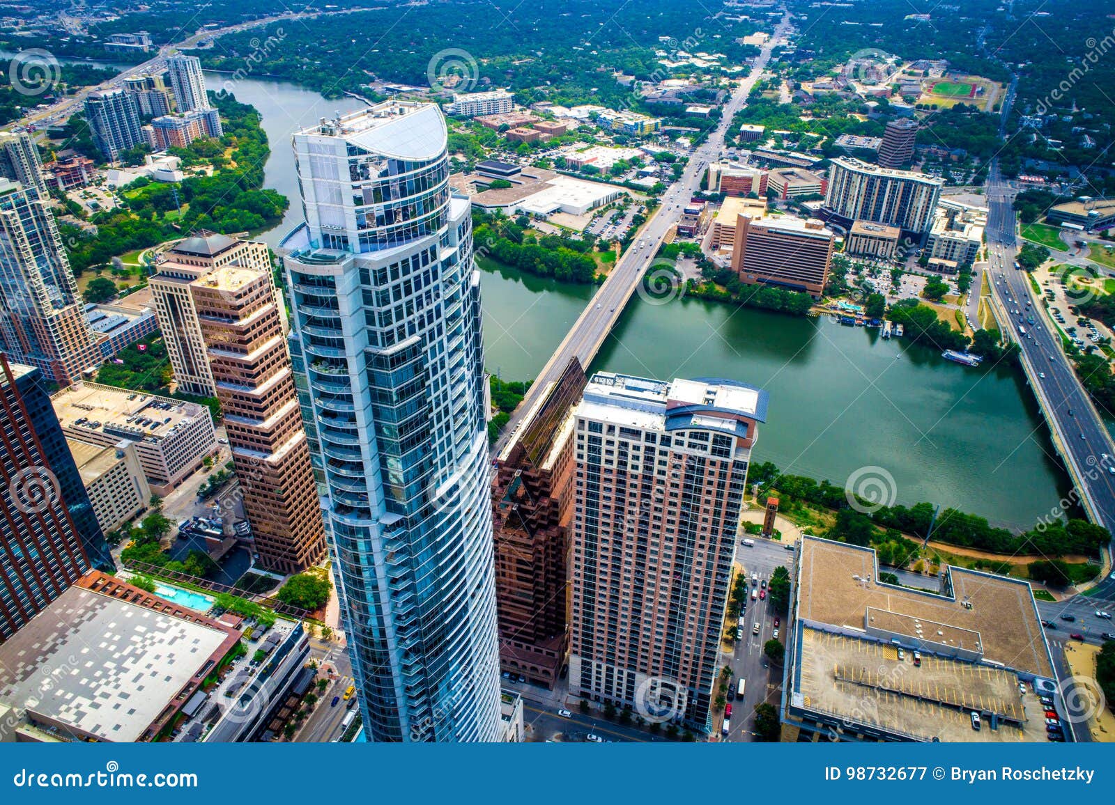 high above austin texas tallest tower looking down congress avenue high aerial drone view