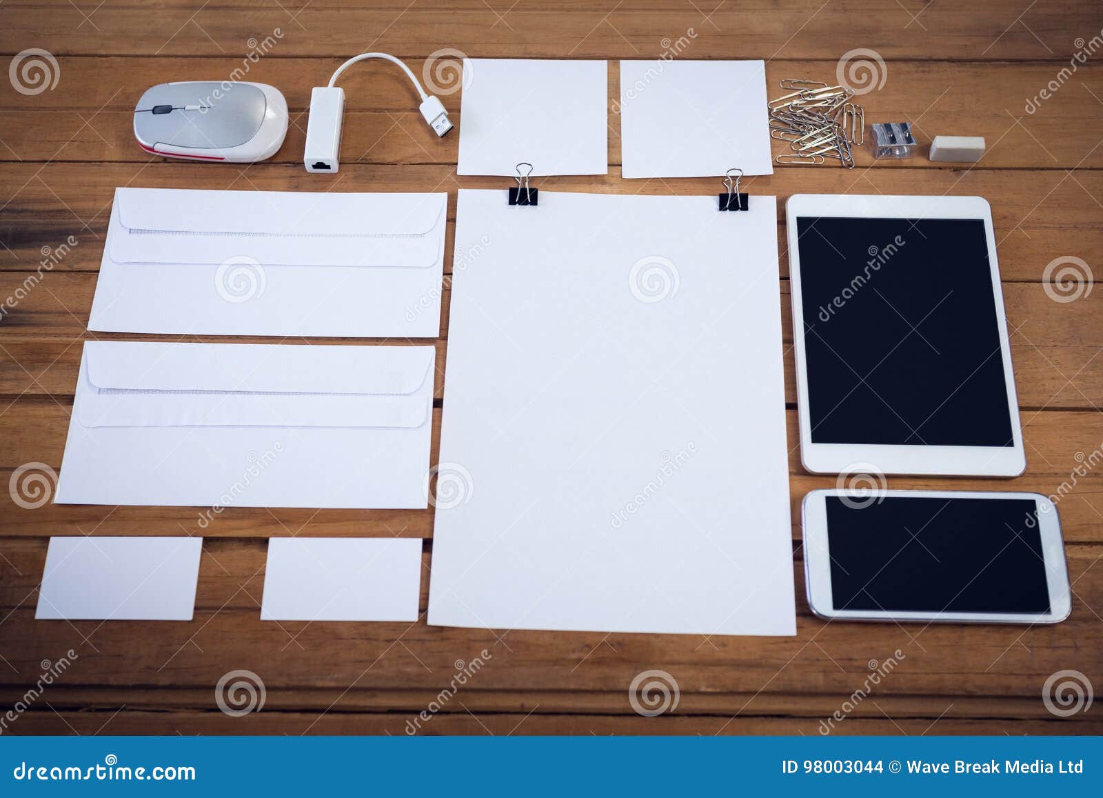 High Agnle View of Envelopes with Technologies and Office Supply Stock