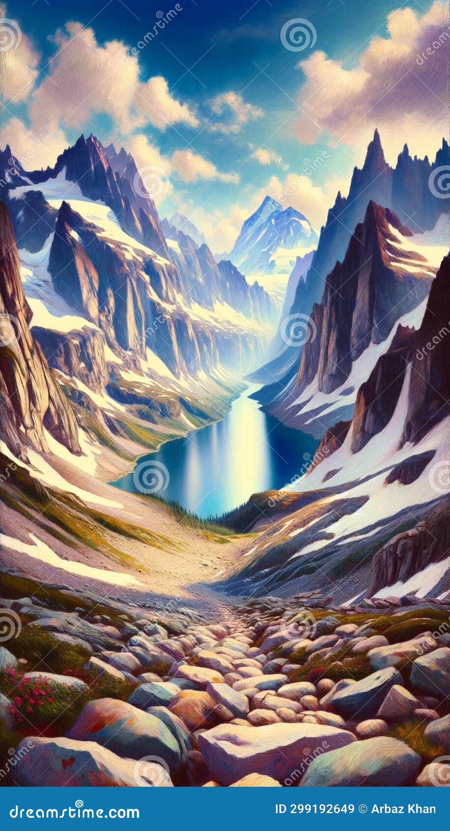 a high-altitude alpine lake, nestled between snow-capped peaks. landscape background, generative ai