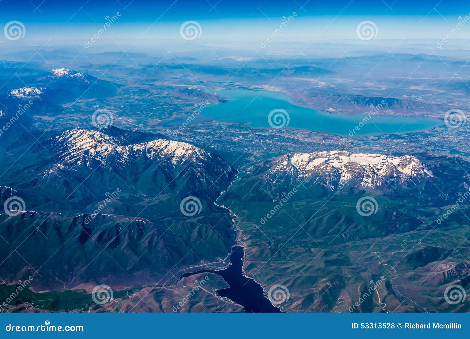 high altitude view of utah lake near provo, utah.
