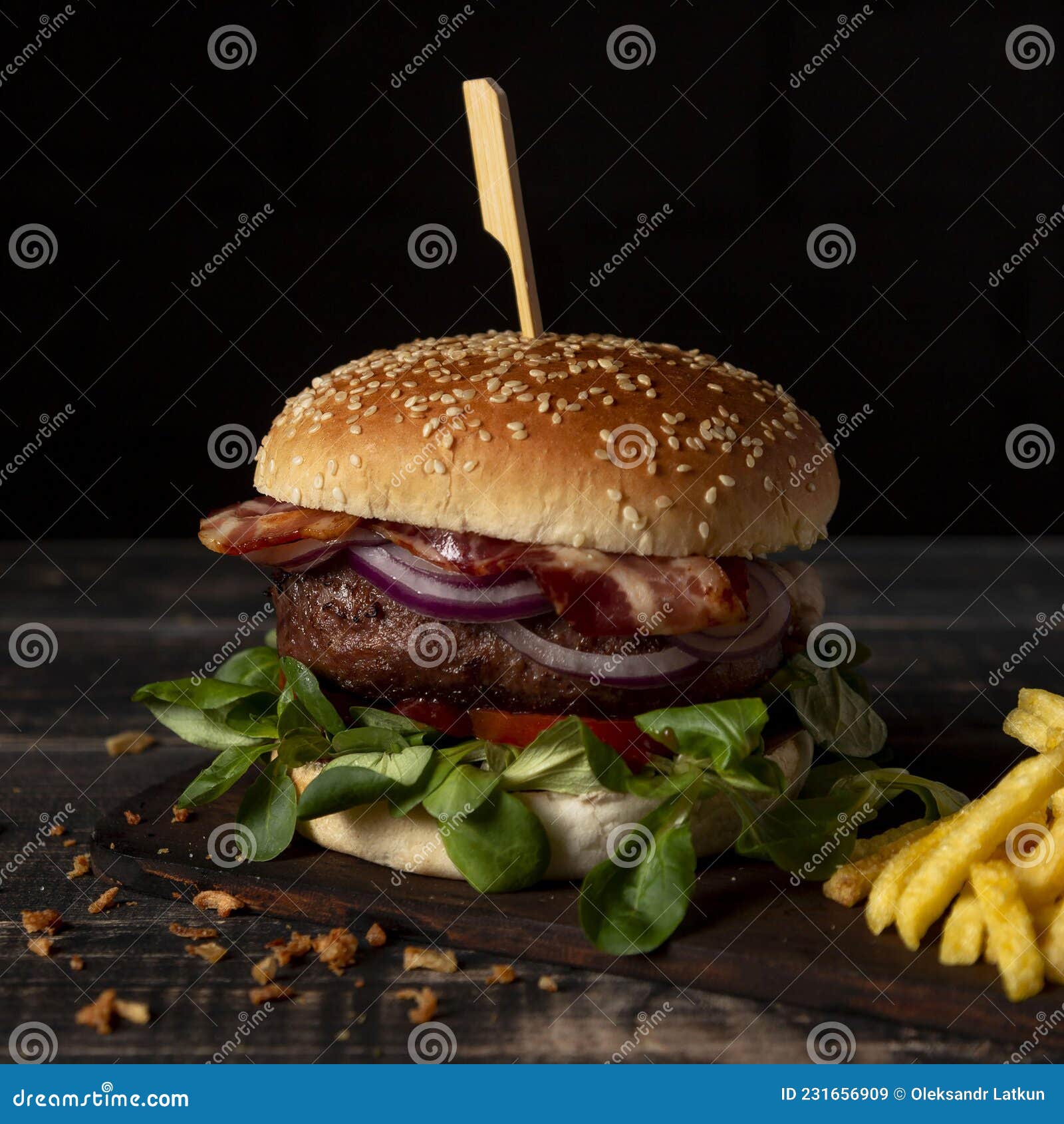 High Angle Burger with Fries Table Stock Image - Image of bottle ...