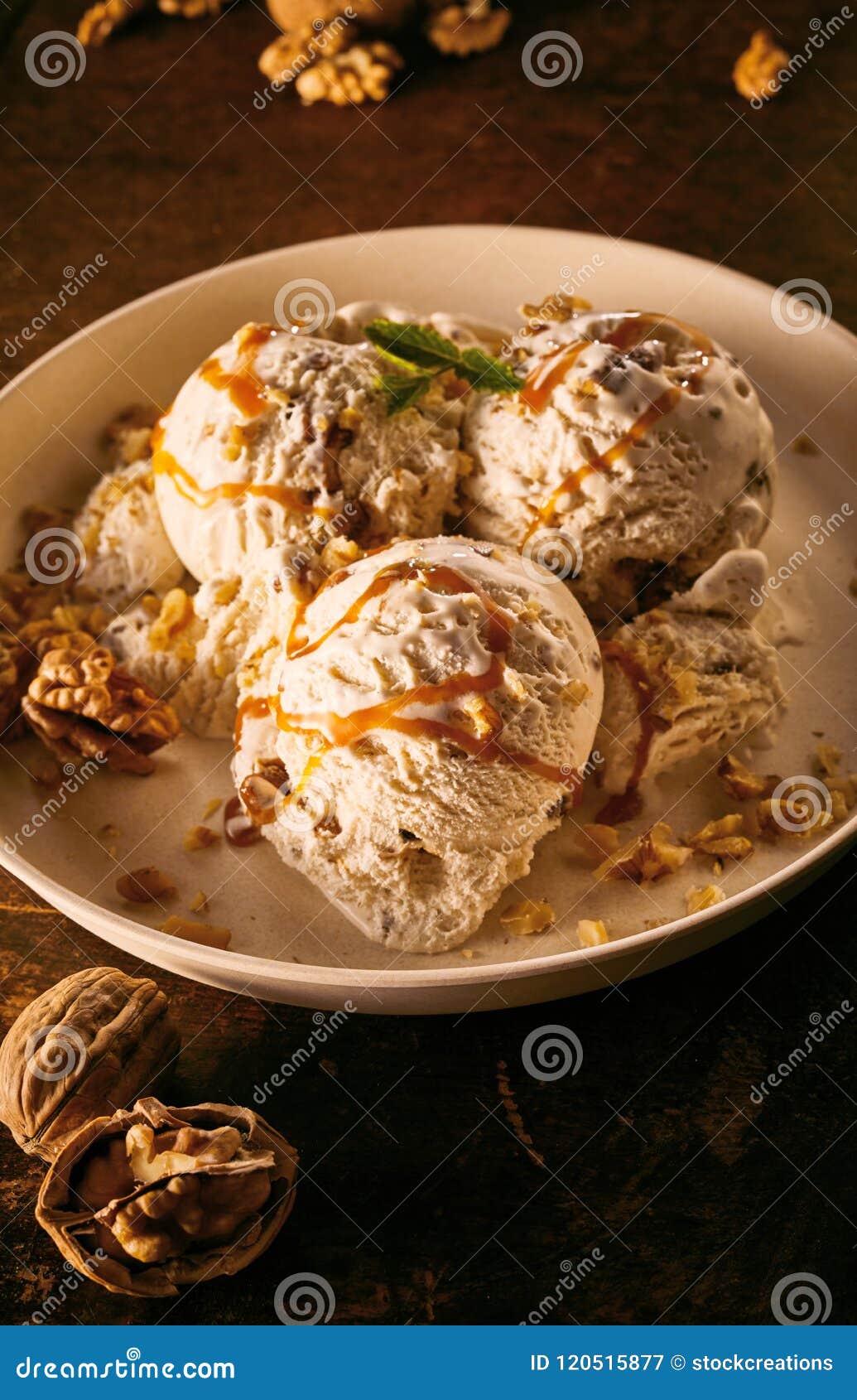 Maple Walnut Ice Cream With Caramel Sauce In Bowl Stock Image Image Of Dark Ingredients 120515877