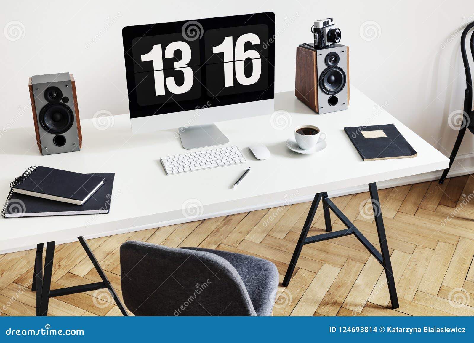 High Angle Of A Desk With A Computer Notebooks Speakers And