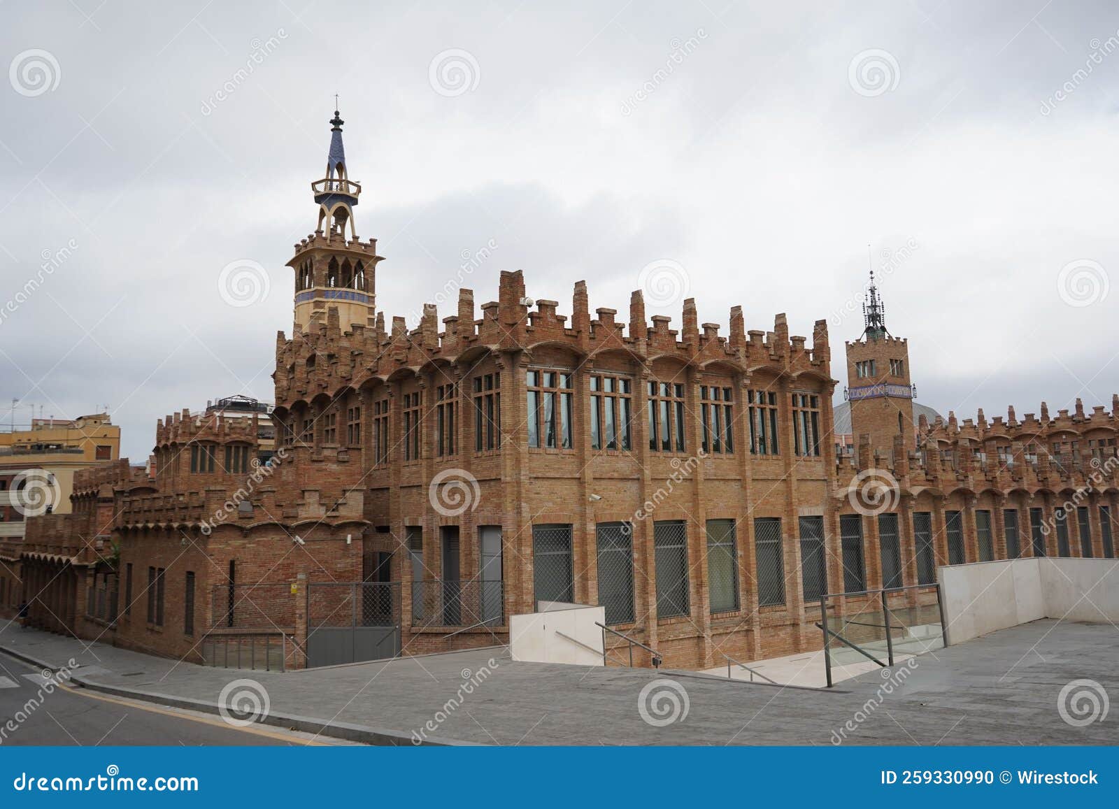 high-angle of fabrica casaramona with cloudy, gloomy sky background