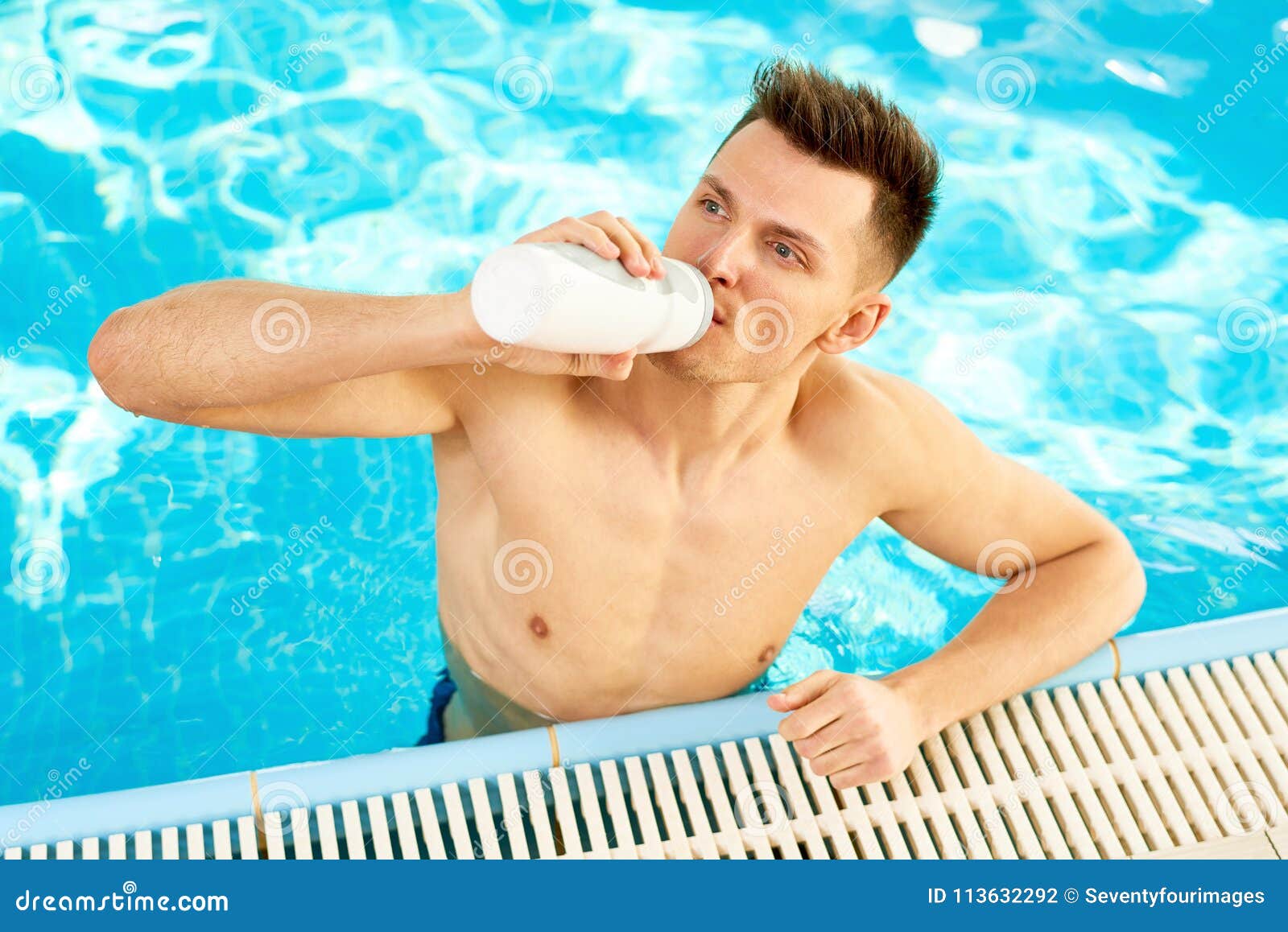 Athlete Drinking Water in Pool Stock Photo - Image of club, resort