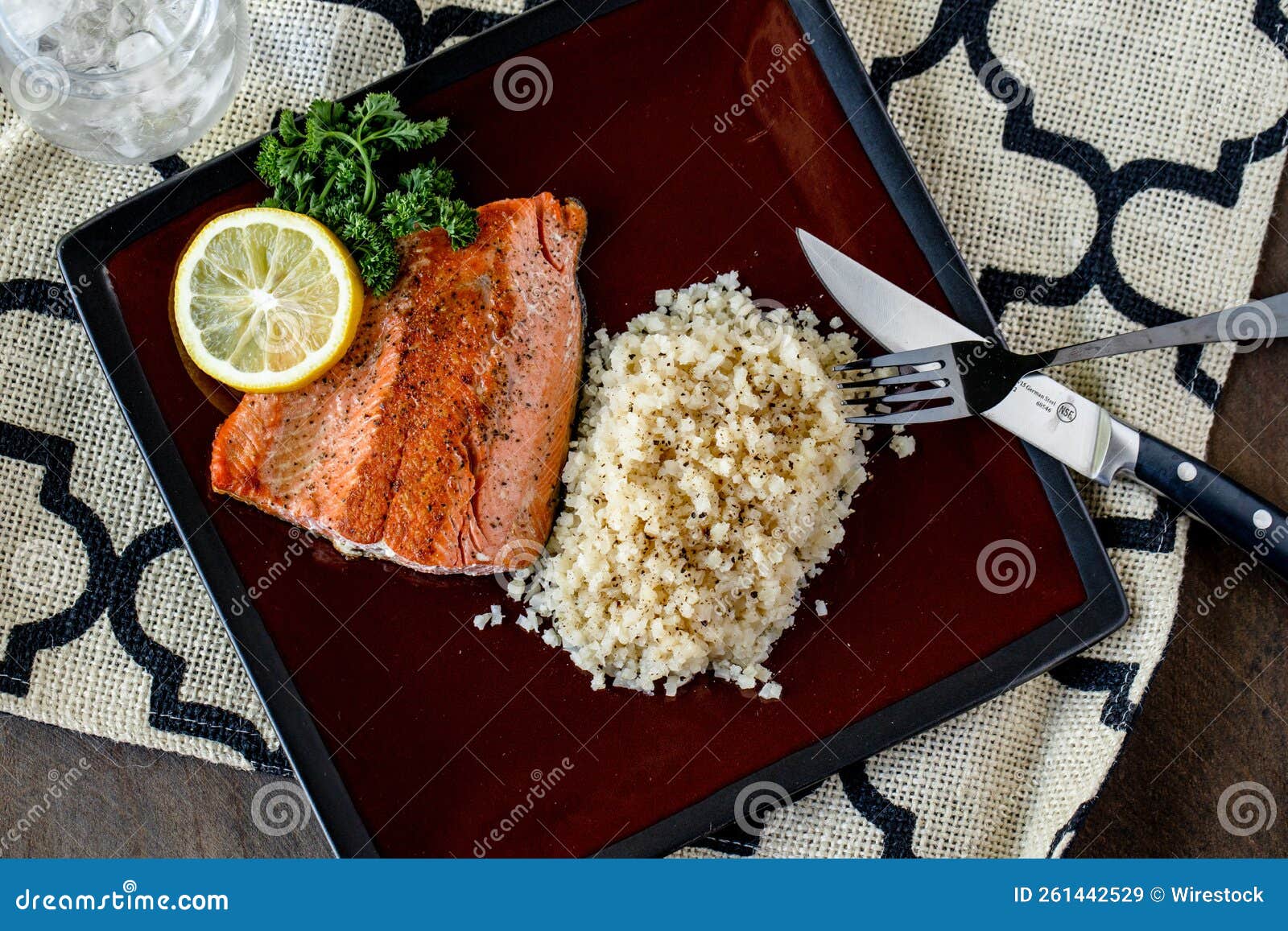 High Angle Shot of a Salmon and Rice Meal Stock Image - Image of meal