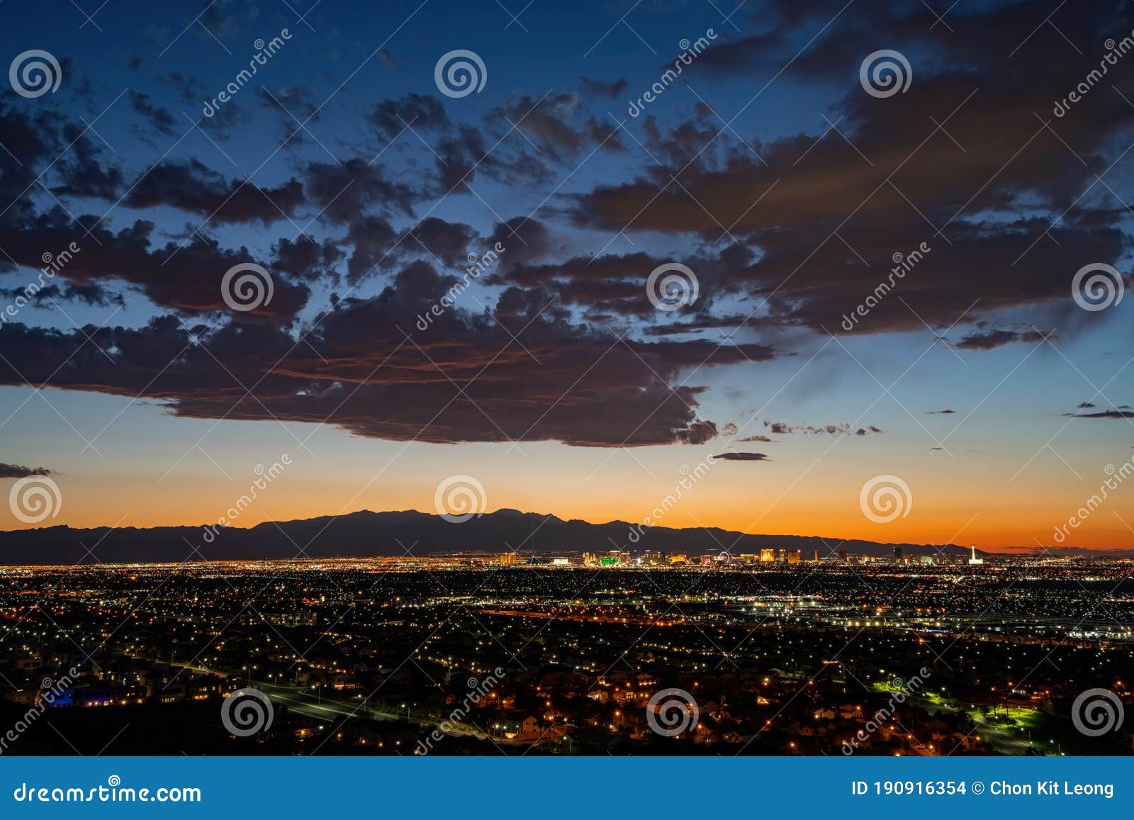 high angle sunset view of the famous las vegas strip and cityscape